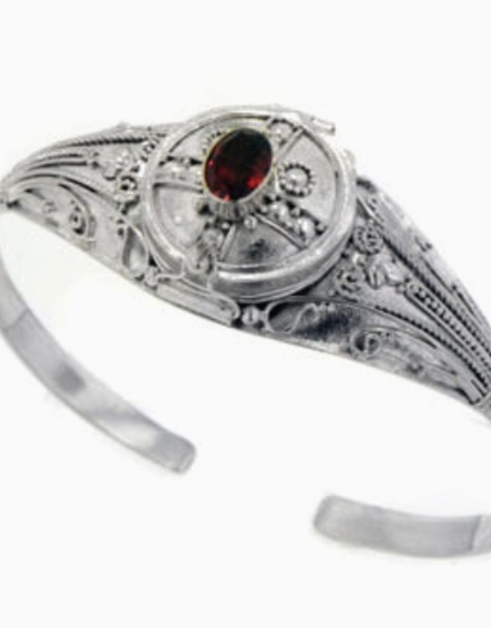 Medieval Sterling Silver Genuine Garnet Locket Box Poison Cuff Bracelet