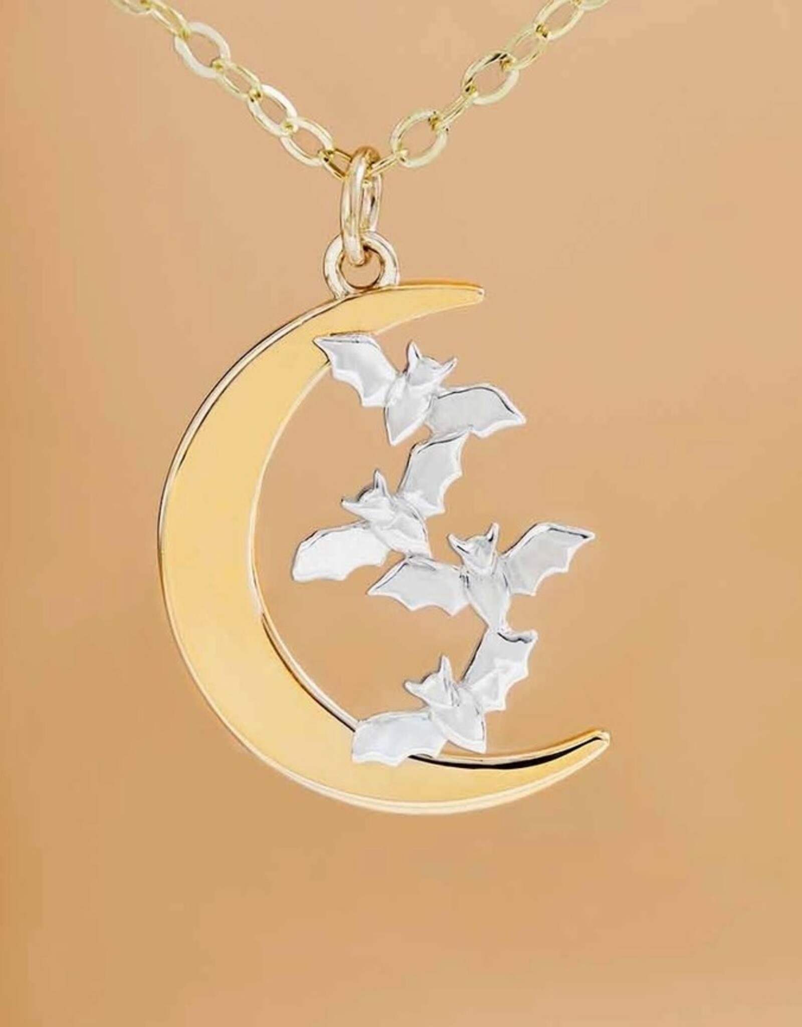 Bronze Moon Necklace with Bats On Gold Fill Chain