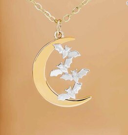 Bronze Moon Necklace with Bats On Gold Fill Chain