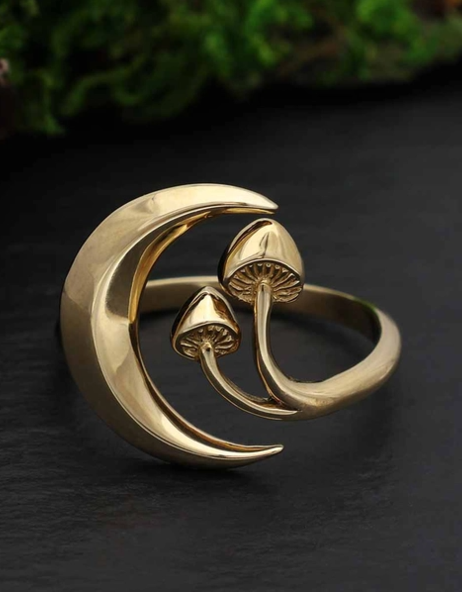 Moon and Mushroom Adjustable Ring | Bronze
