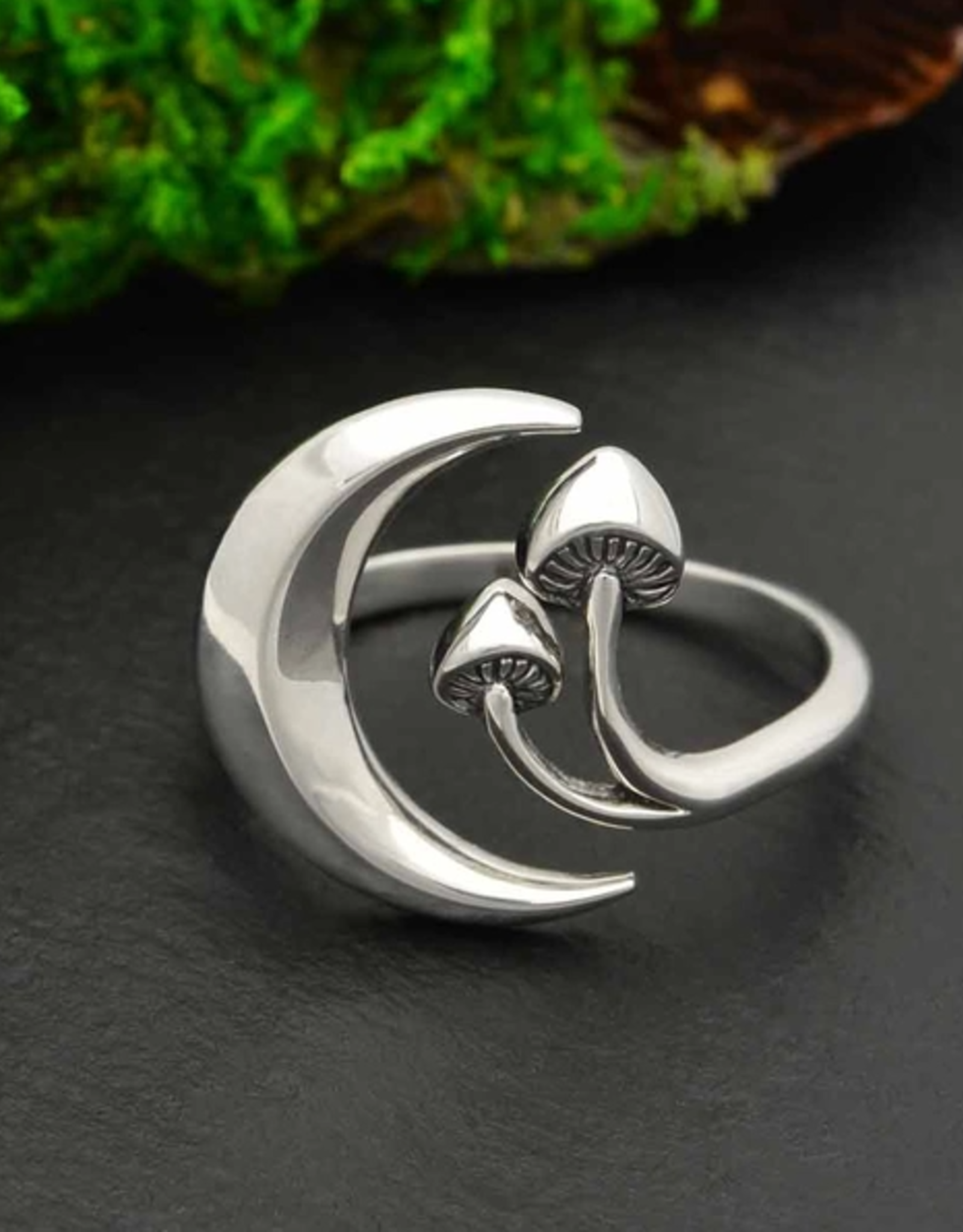 Moon and Mushroom Adjustable Ring | Sterling Silver