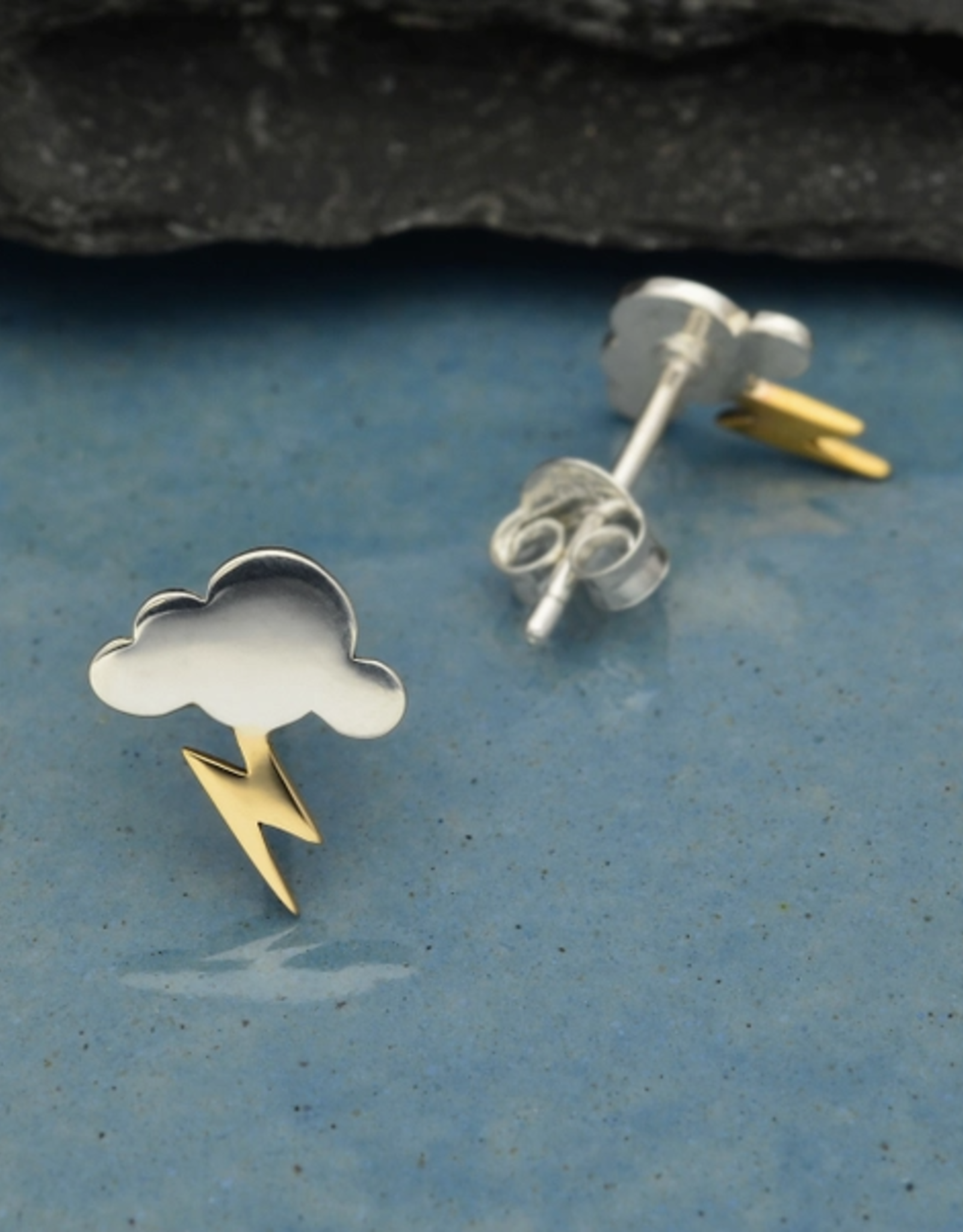 Silver Cloud Post Earrings with Bronze Lightning 10x9mm