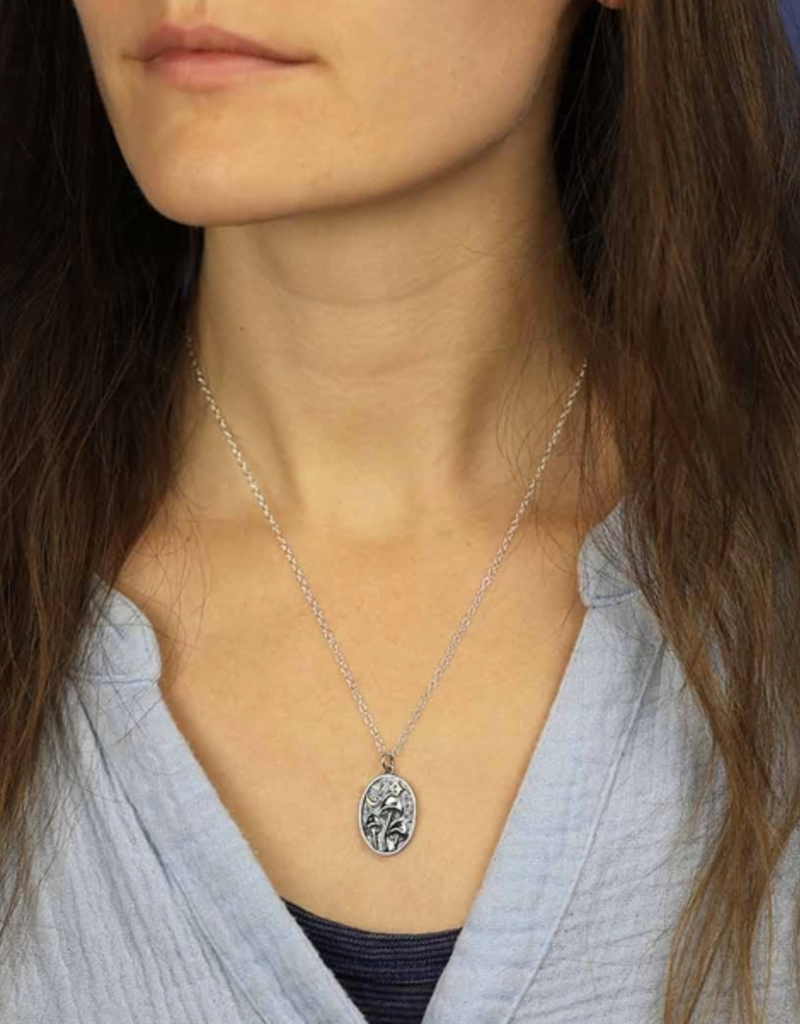 Sterling Silver 18 Inch Oval Mushroom Charm Necklace