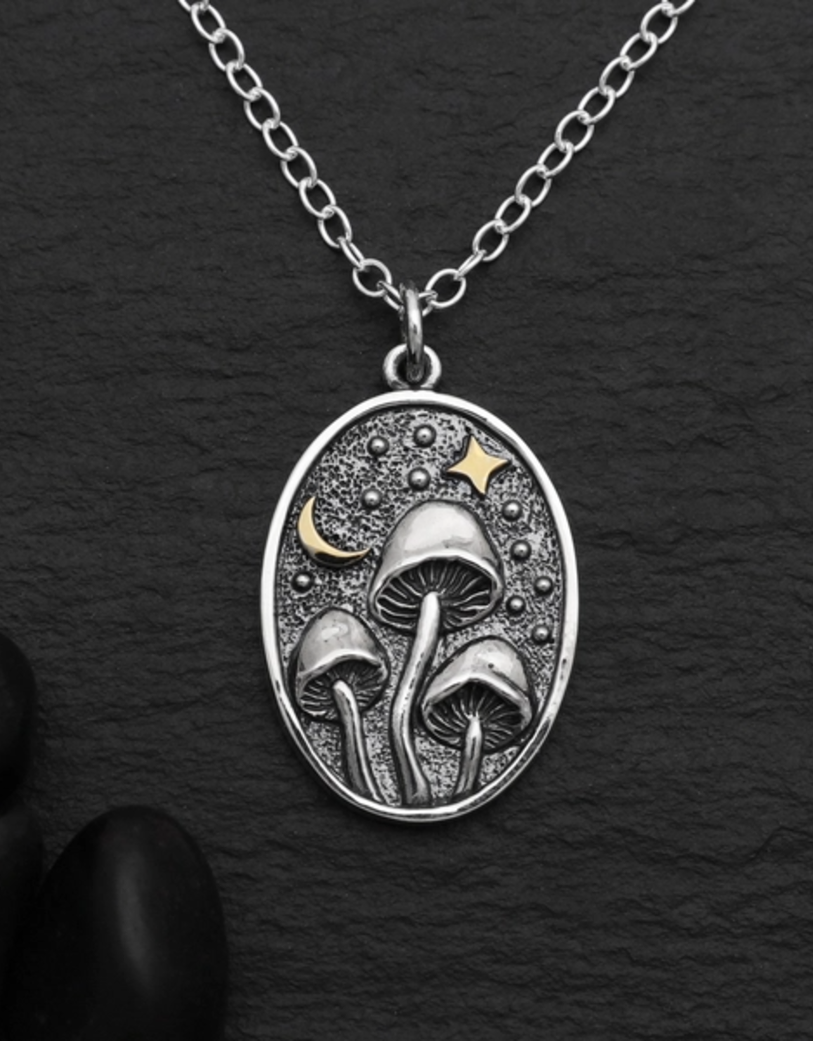 Sterling Silver 18 Inch Oval Mushroom Charm Necklace