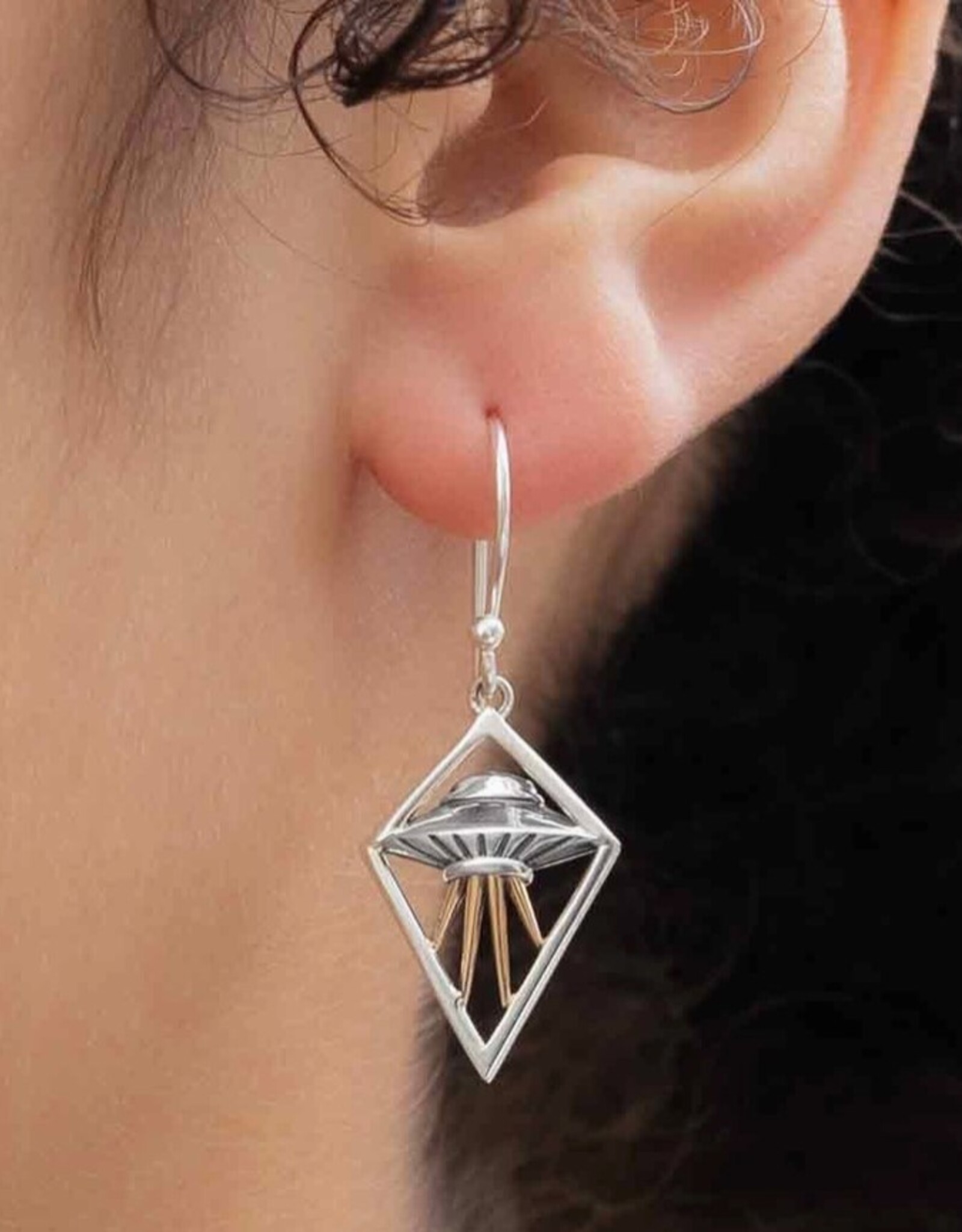 Sterling Silver Flying Saucer Dangle Earrings with Bronze