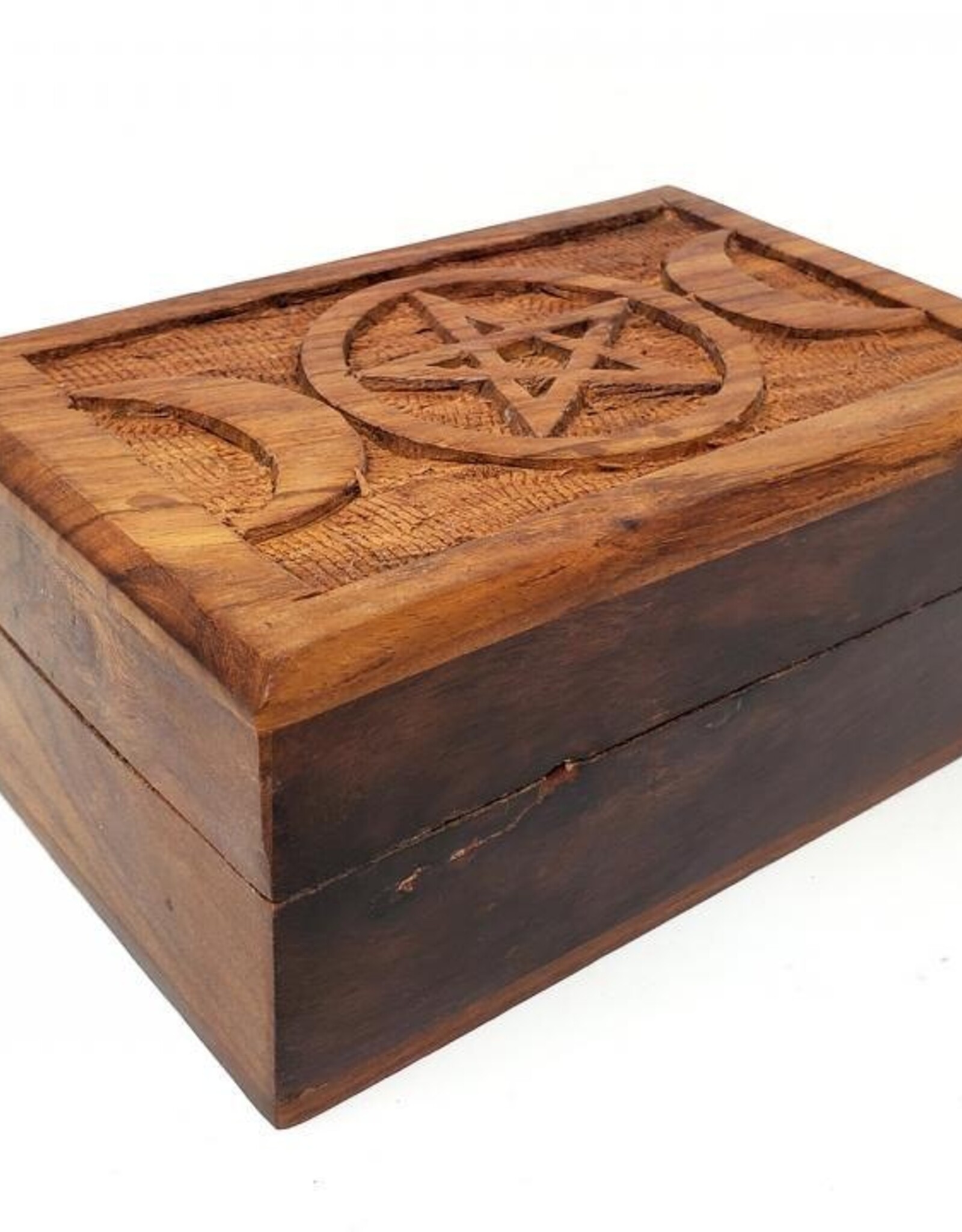 Wooden Box - Triple Moon Pentagram Carved 4x6"
