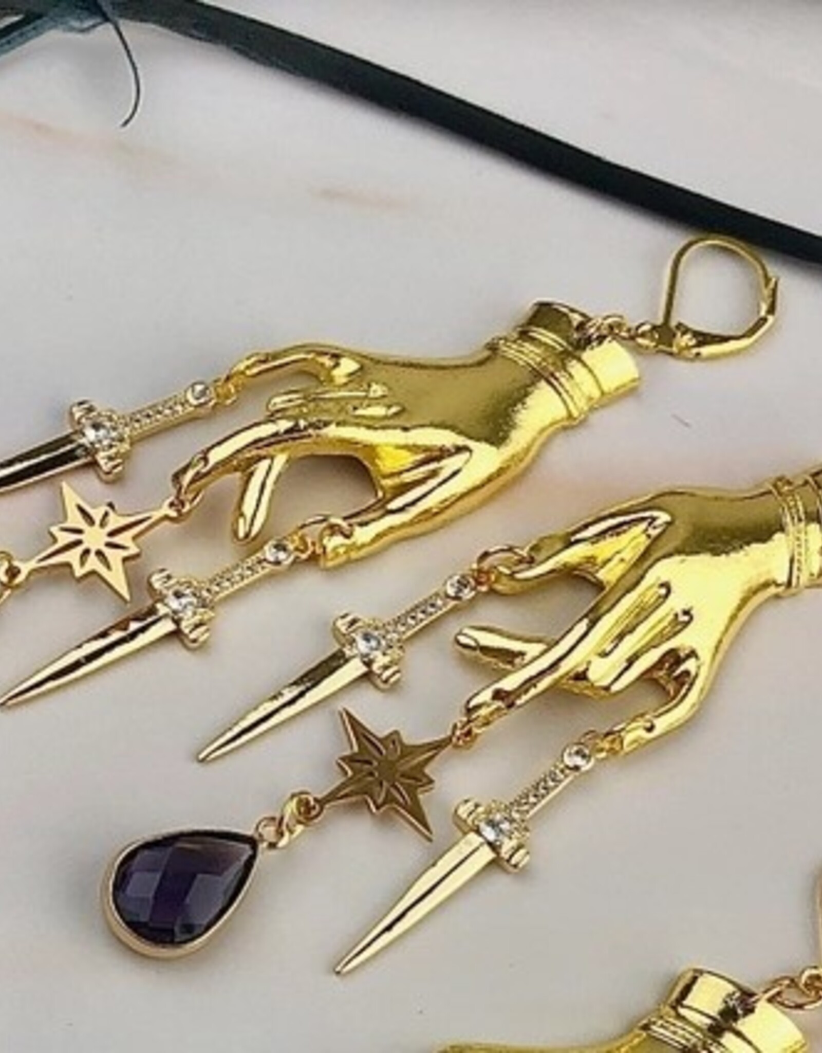 Gold Hand Dagger Earrings - Shakespeare Macabre Jewelry | Purple