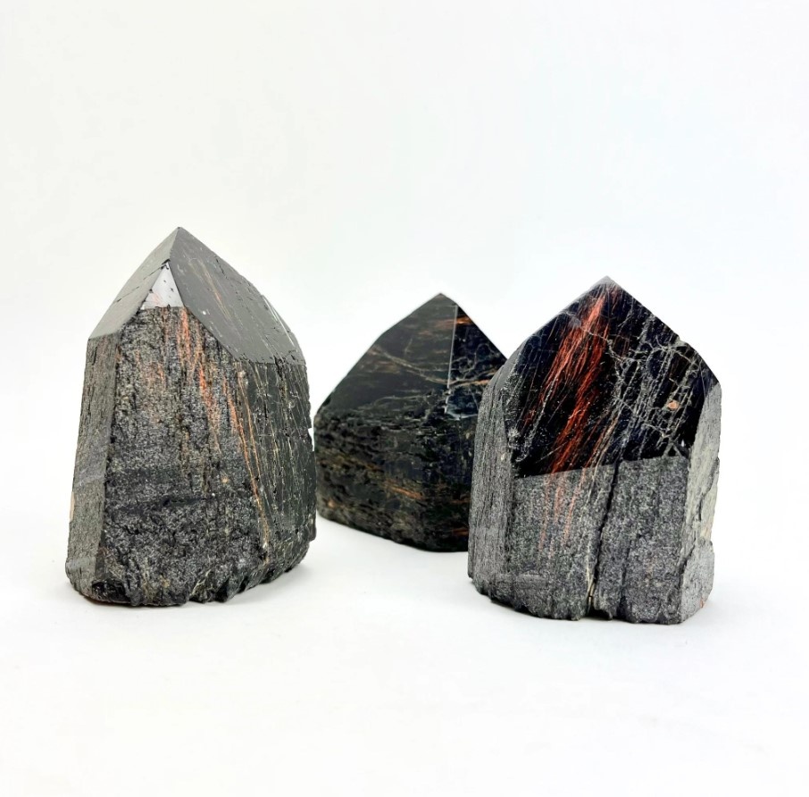Black Tourmaline w Hematite Waves Polished Generator Point Becca