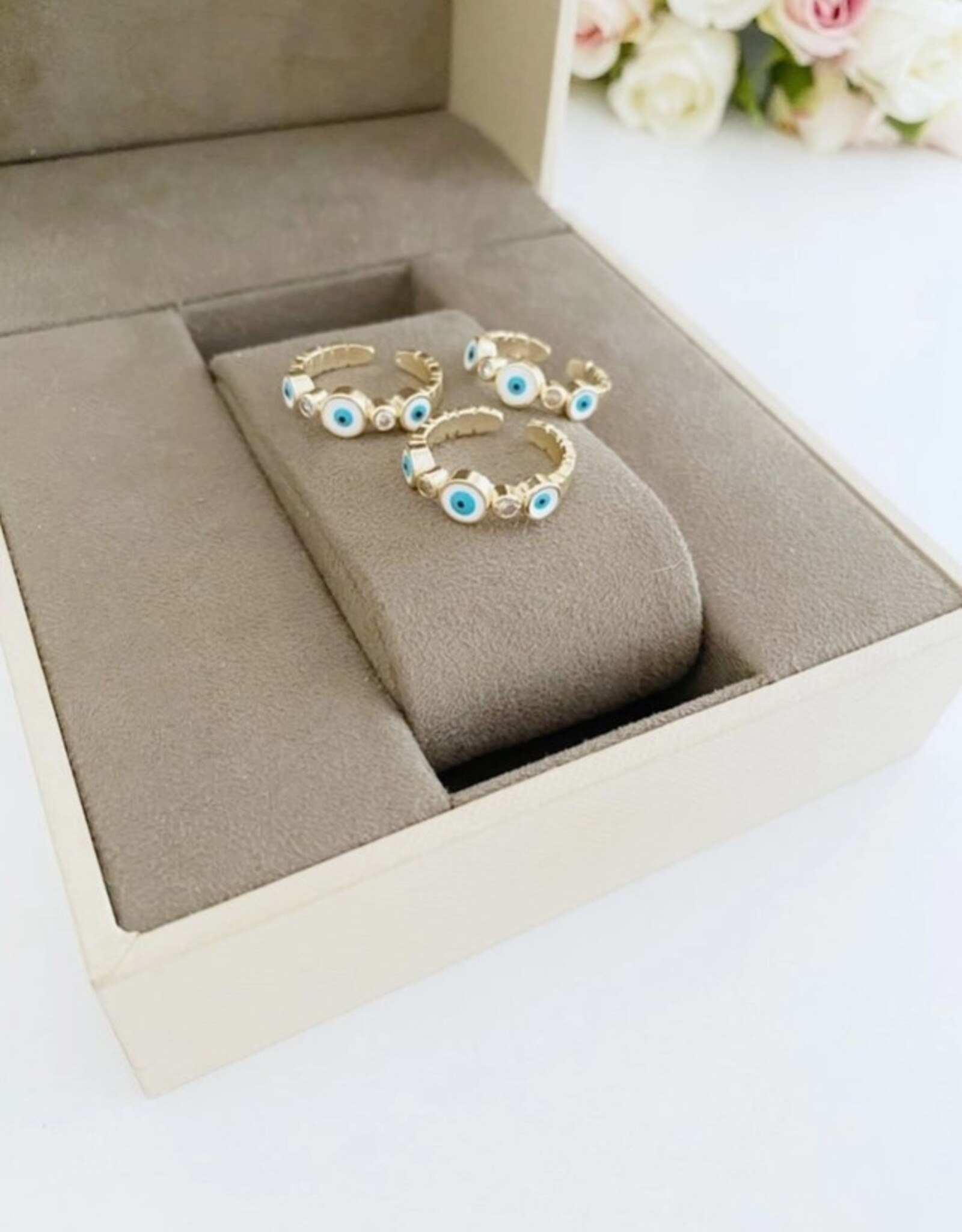 White Evil Eye Ring, Adjustable Greek Evil Eye Ring
