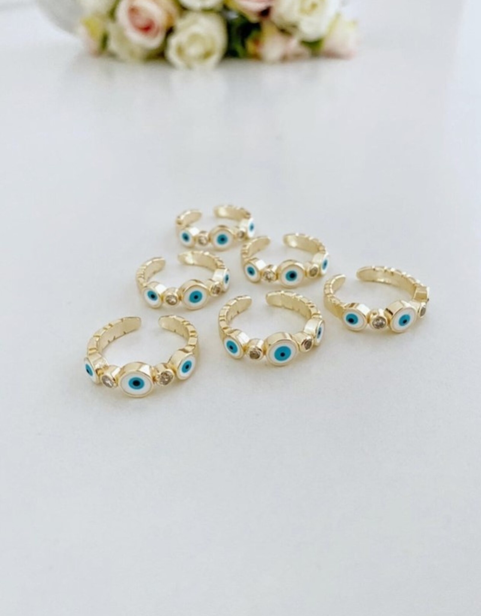 White Evil Eye Ring, Adjustable Greek Evil Eye Ring