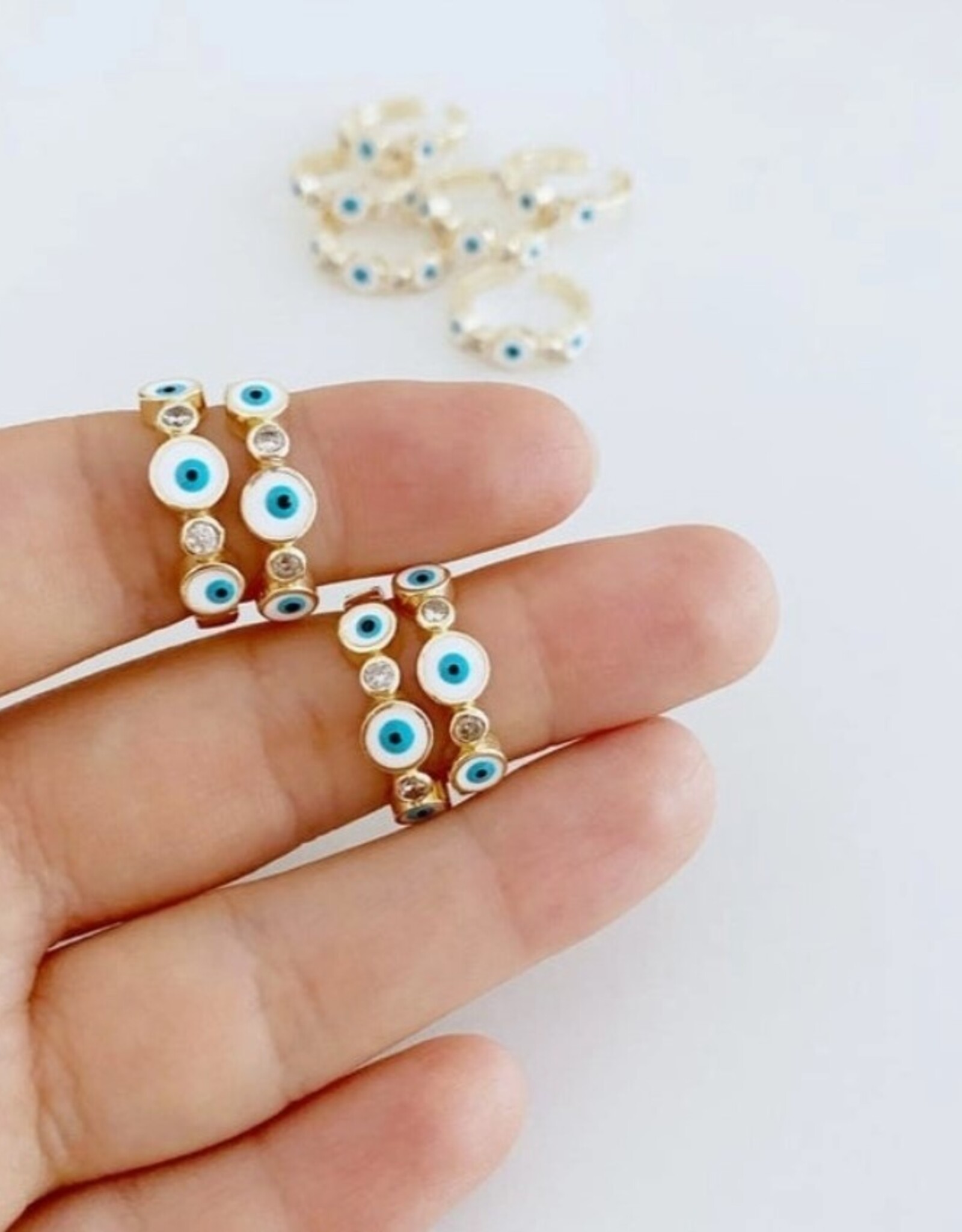 White Evil Eye Ring, Adjustable Greek Evil Eye Ring