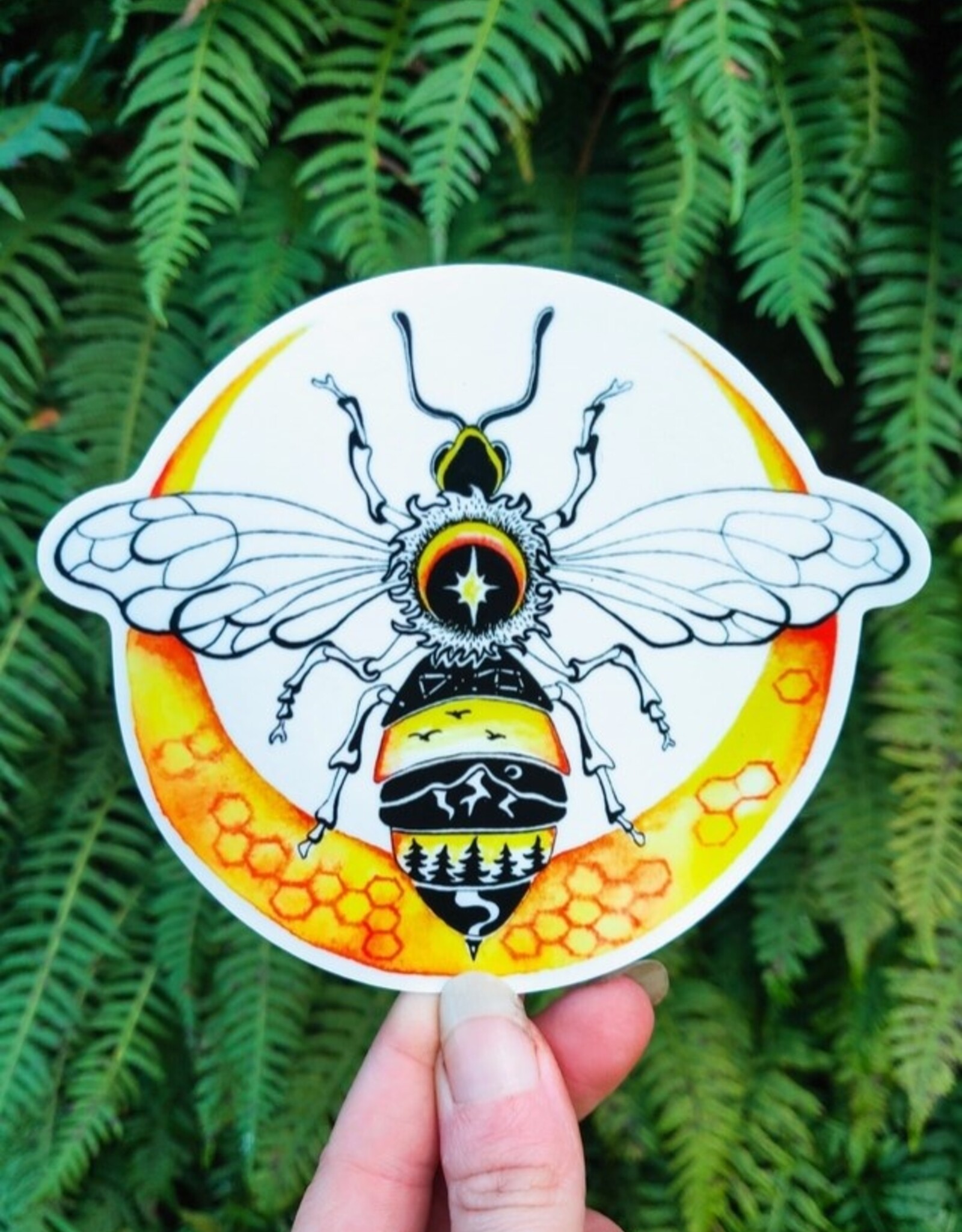 *Blessed Bee - Vinyl Sticker Art - Nature Moon Mountain Pagan Pollinator Honeycomb Witchy Magic