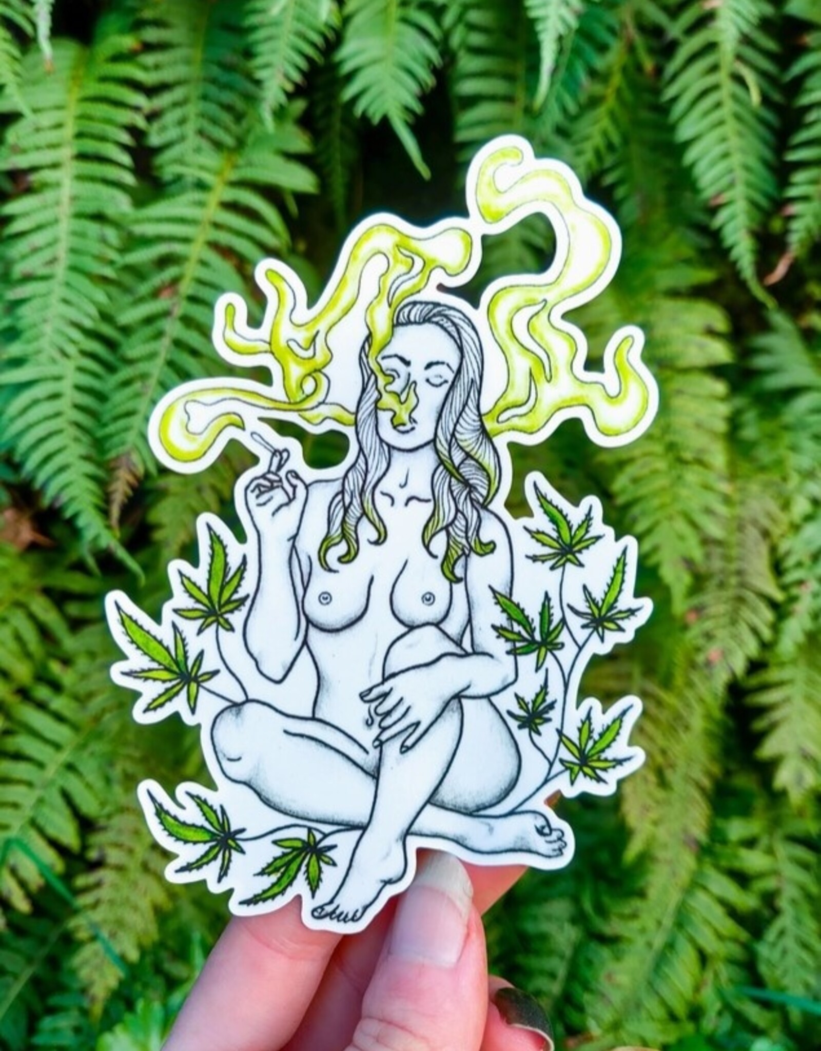 Green Witch Goddess - Vinyl Sticker Art - Marijuana Stoner Babe Weed Witchy Smoke Magic Forest Watercolor