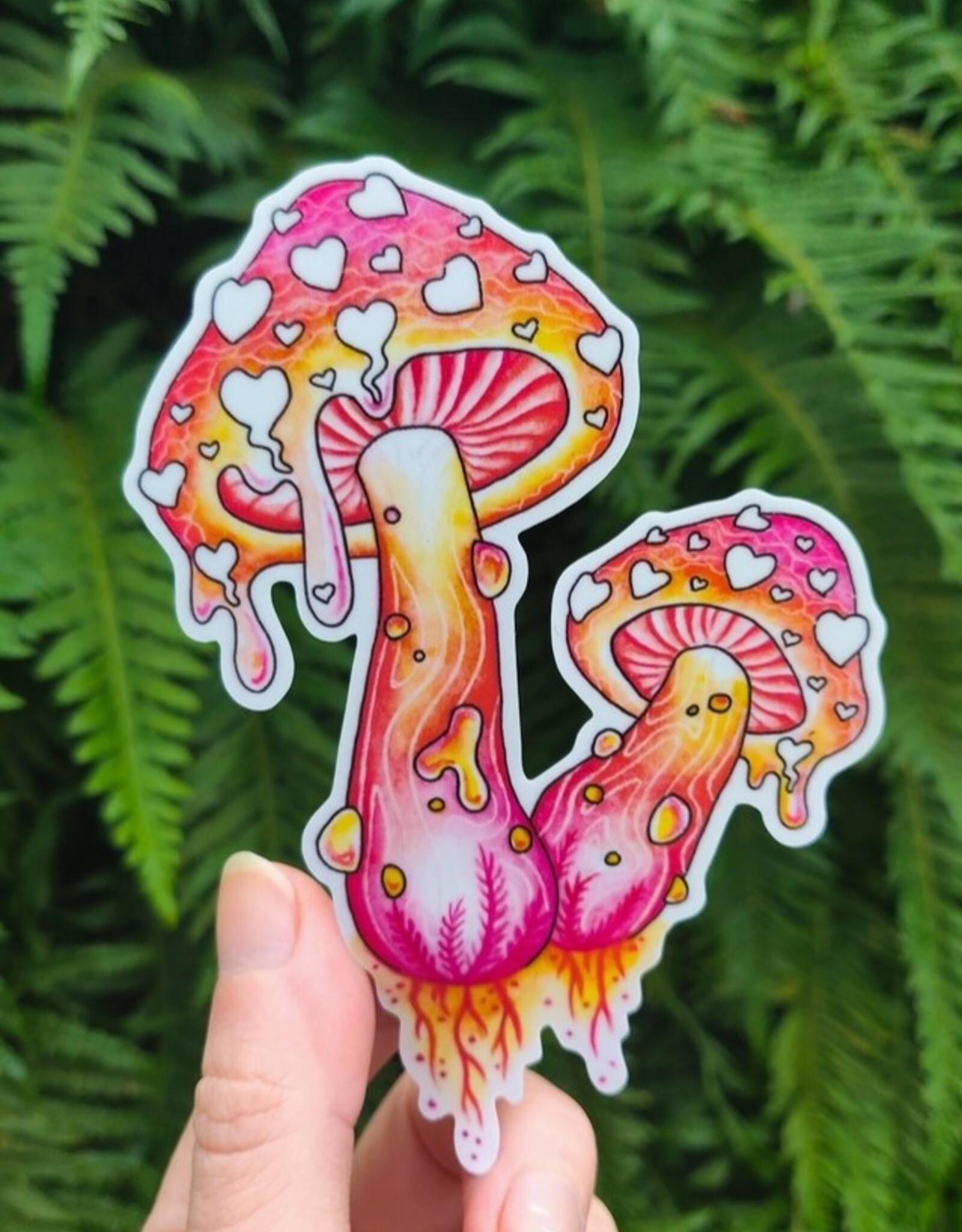 *Luv Drug - Vinyl Sticker Art - Pink Mushroom Heart Magic Nature Forest Witchy Amanita Wrinkled Peach Valentine Herbal Foraging Watercolor