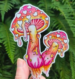 *Luv Drug - Vinyl Sticker Art - Pink Mushroom Heart Magic Nature Forest Witchy Amanita Wrinkled Peach Valentine Herbal Foraging Watercolor