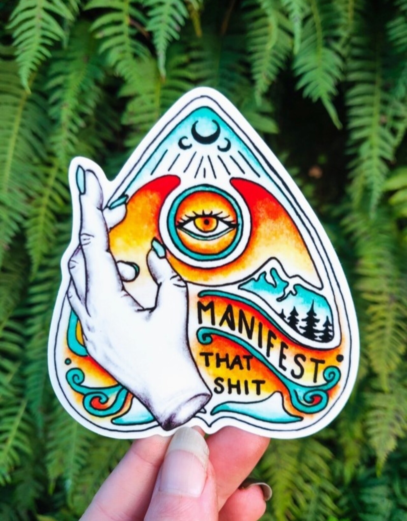 Manifest That Shit - Vinyl Sticker Art - Watercolor Witchy Planchette Boho Feminist Mountain Hiking Affirmation Quote