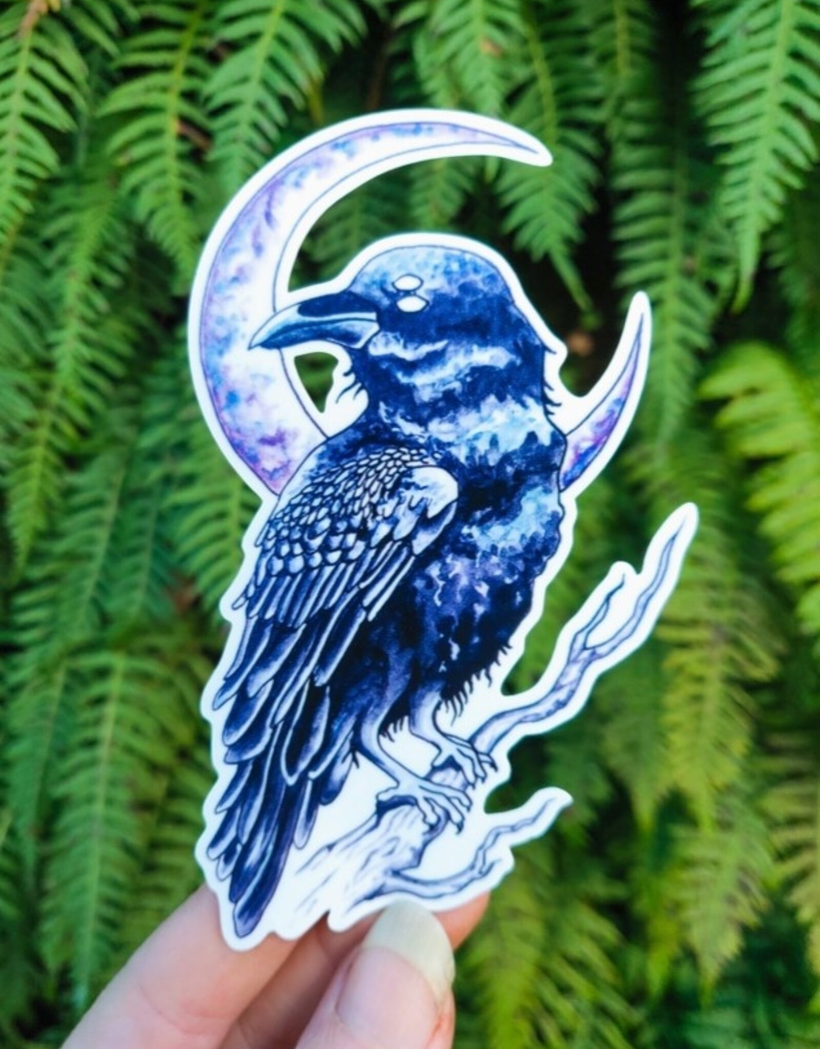 Raven Sight - Vinyl Sticker Art - Witchy Moon Third Eye Pnw Bird Forest Watercolor