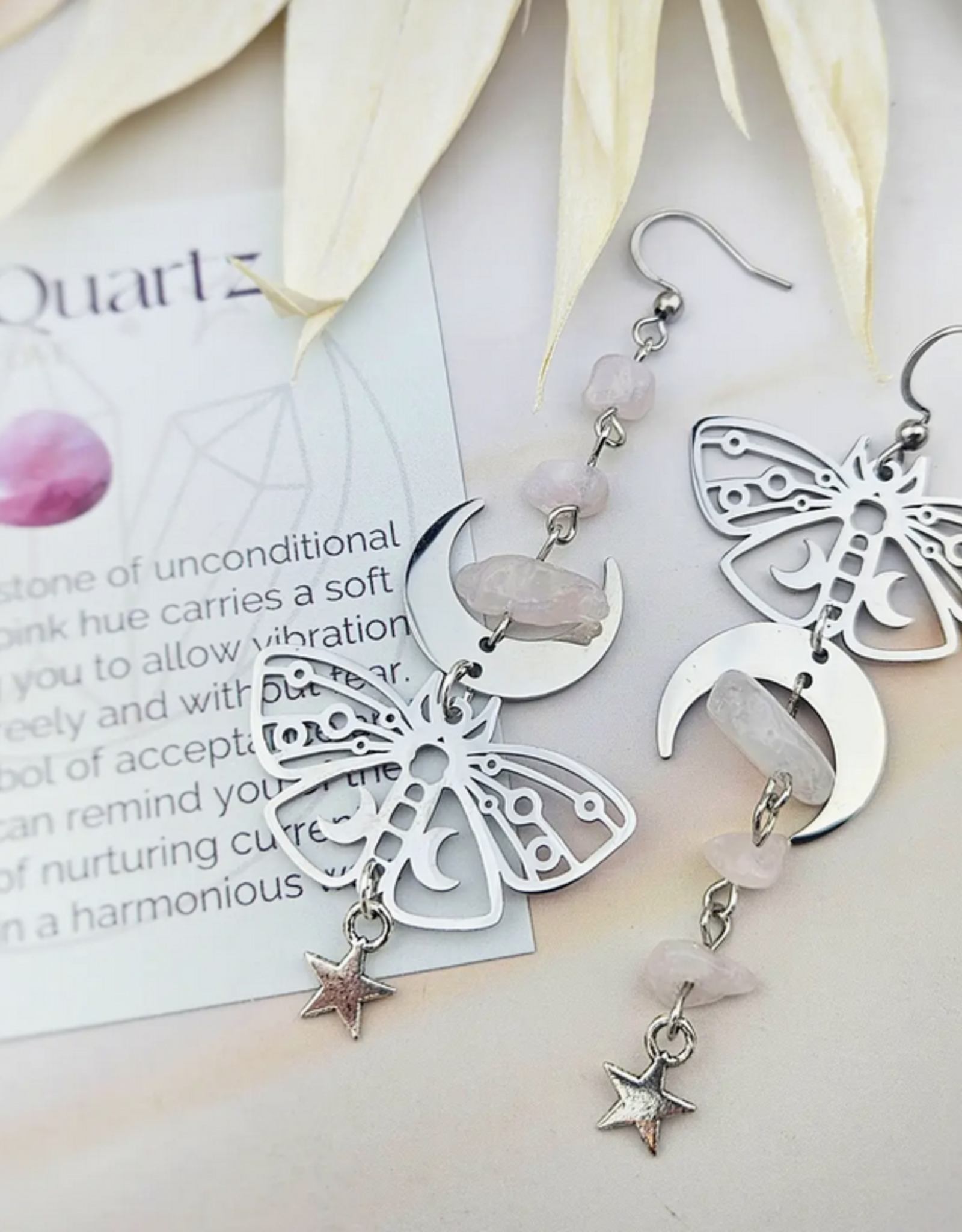 Mismatch Luna Moth Earrings | Rose Quartz