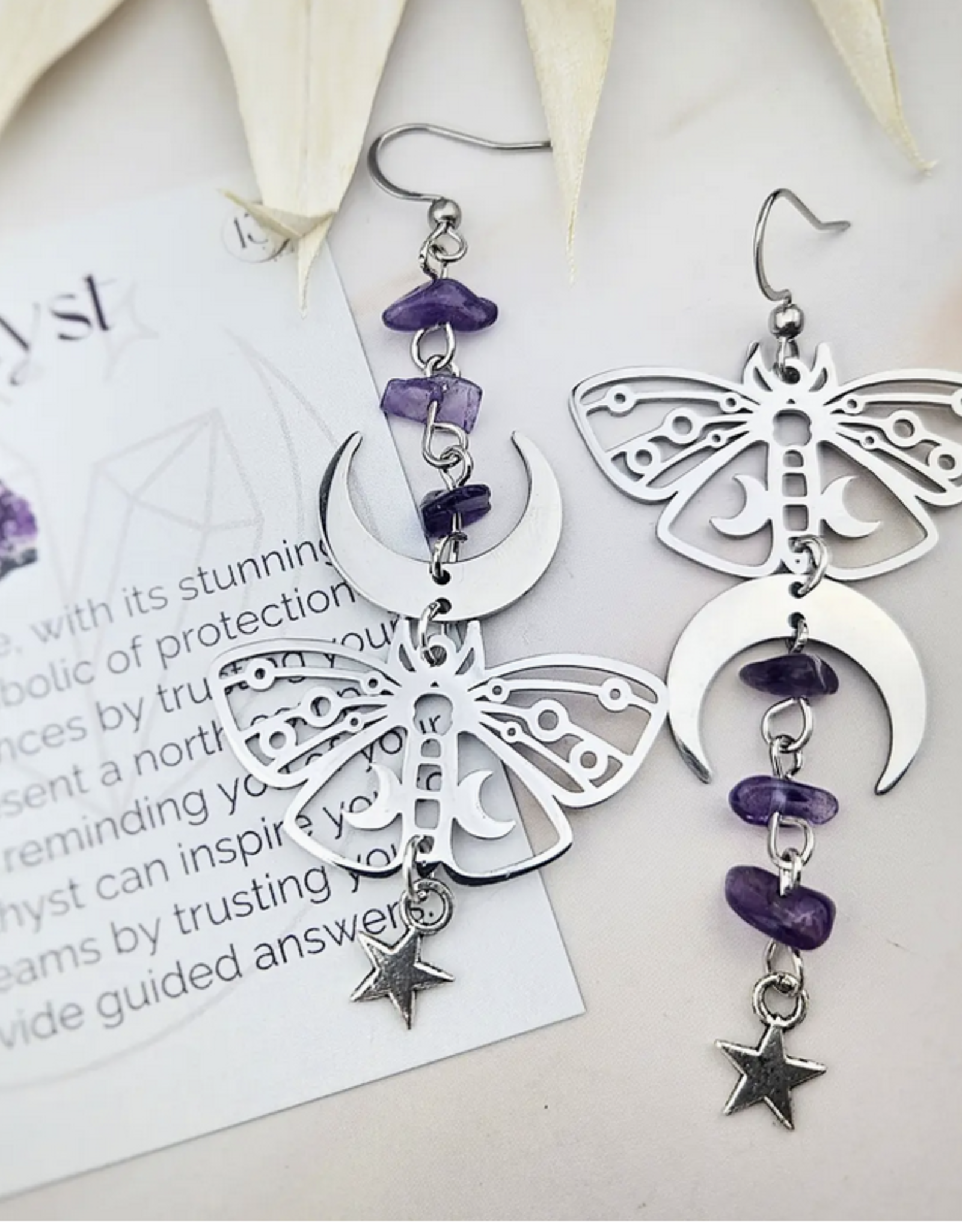 Mismatch Luna Moth Earrings | Amethyst