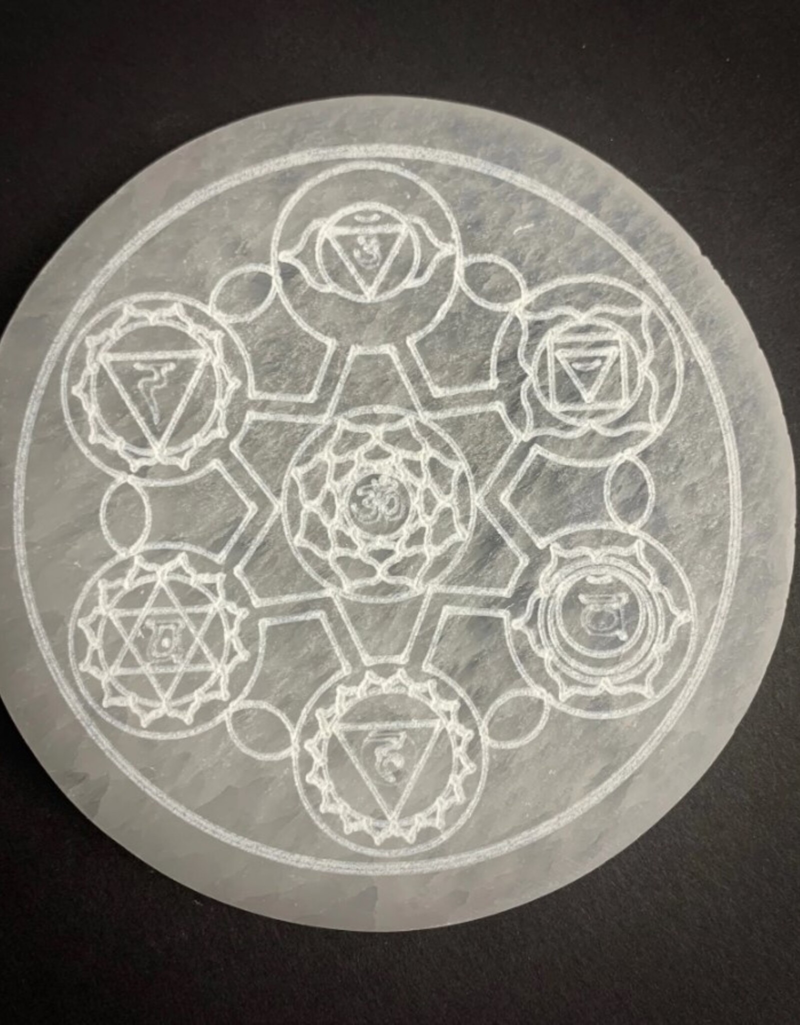 Chakra Selenite Round Crystal Charging Plate | 10cm | Morocco