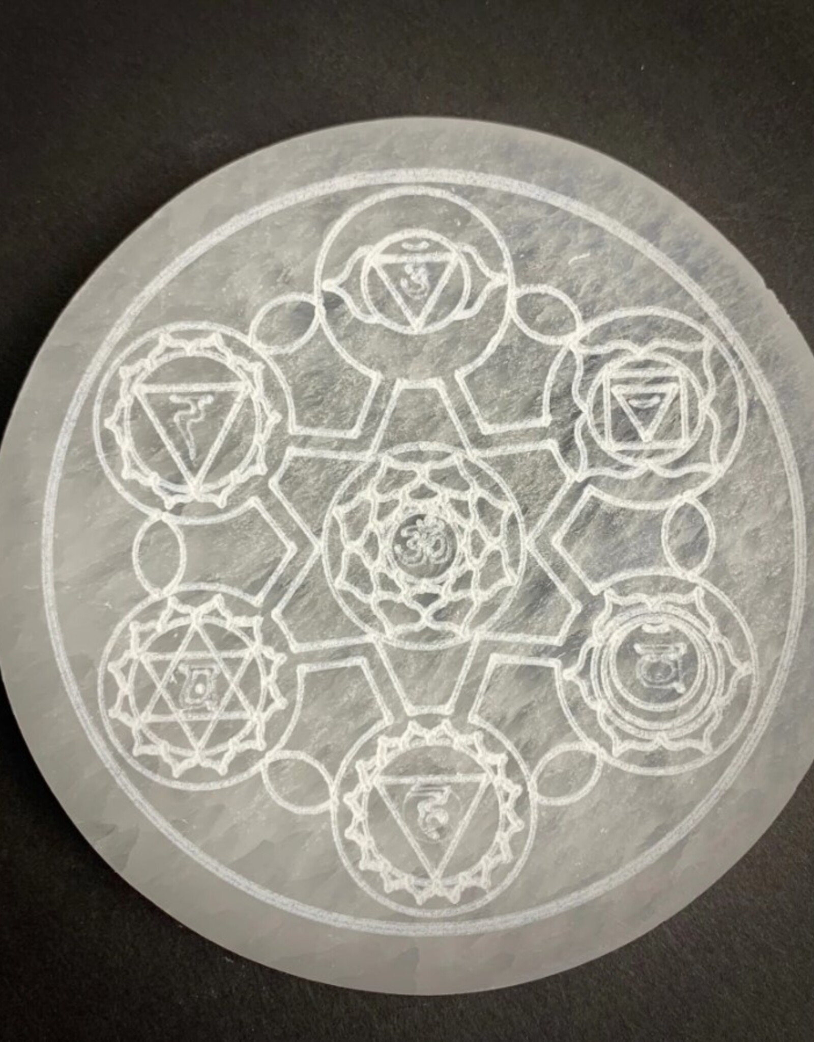 Chakra Selenite Round Crystal Charging Plate | 10cm | Morocco