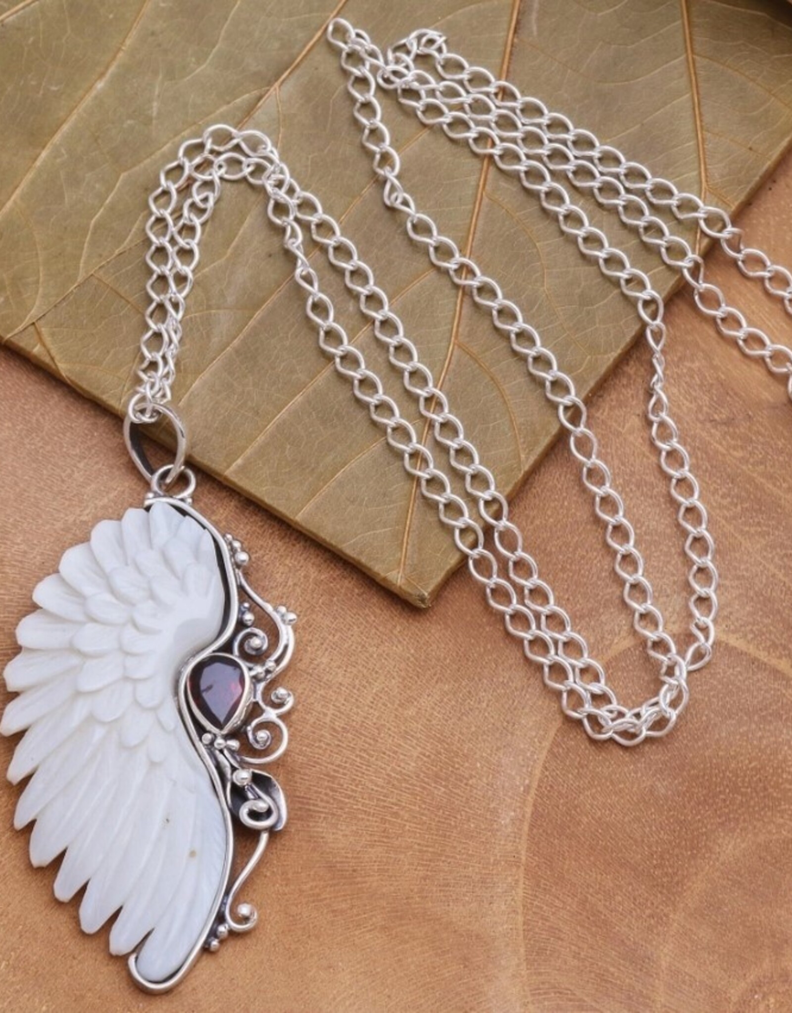 Ancient Remnant Garnet and Bone Pendant Necklace - Silver