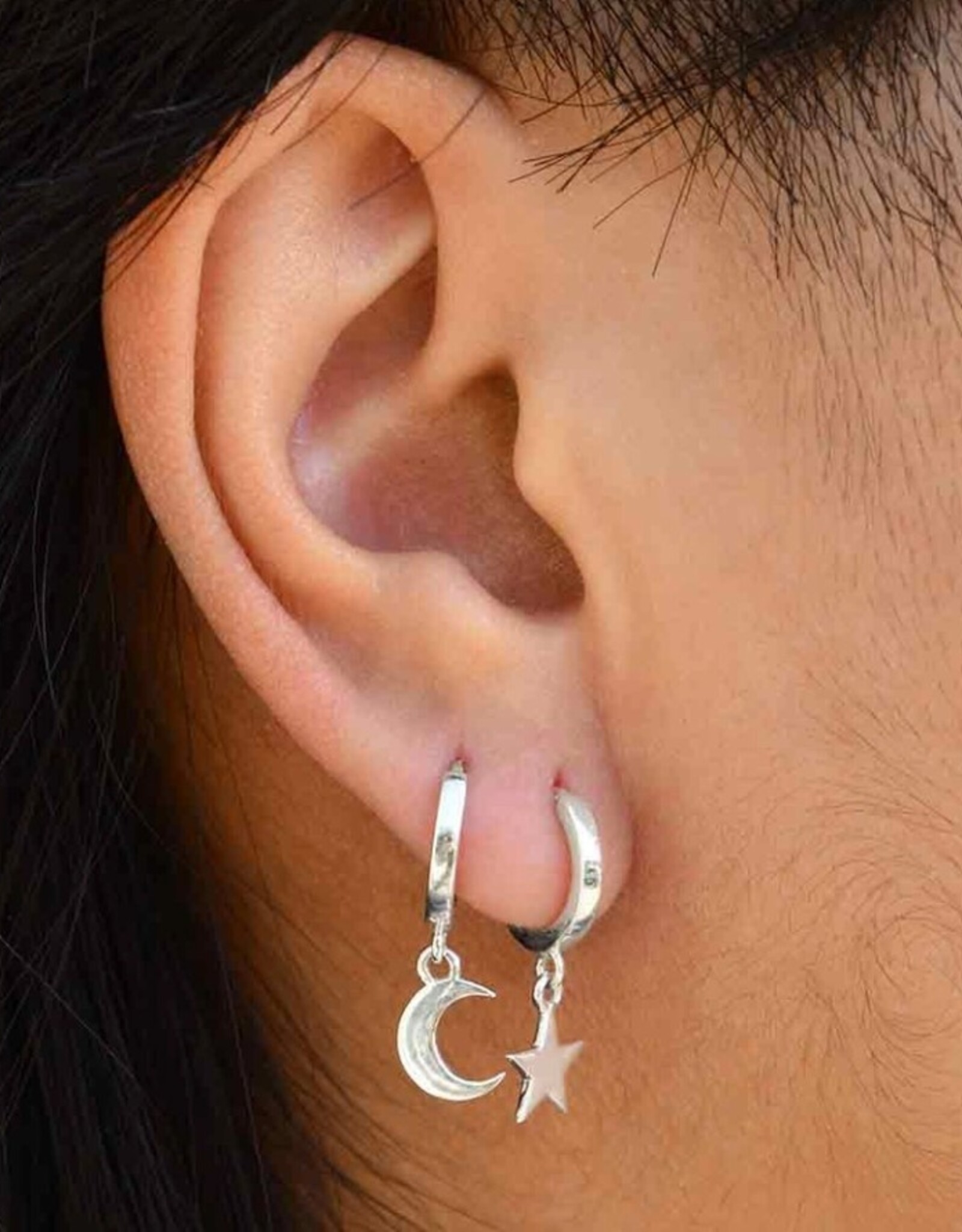 *Star & Moon Huggie Hoope Earrings | Silver
