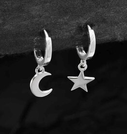 *Star & Moon Huggie Hoope Earrings | Silver