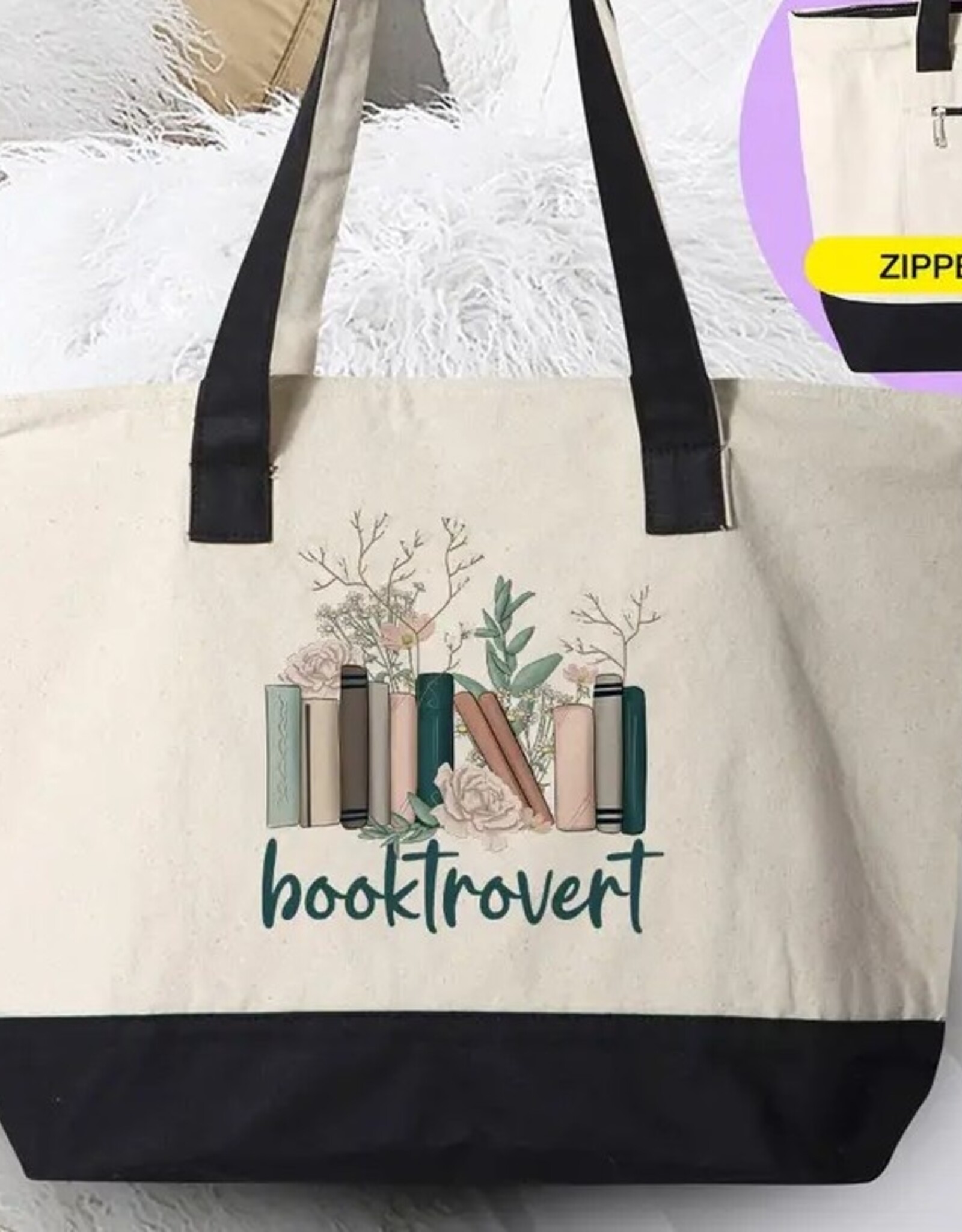*Booktrovert - Book Reading Introvert Canvas Zipper Tote