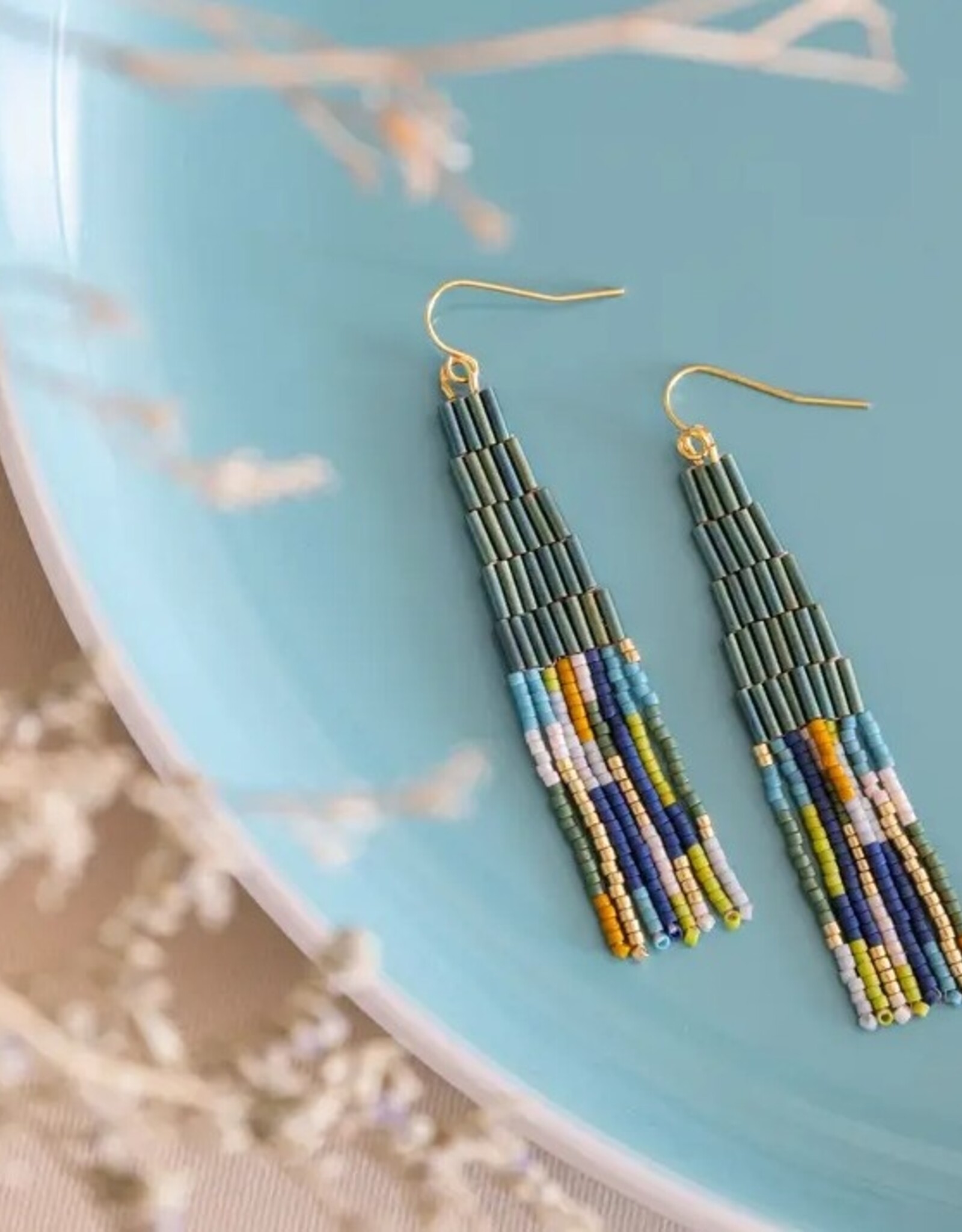 Beaded Handwoven Abstract Fringe Earrings (Emerald)