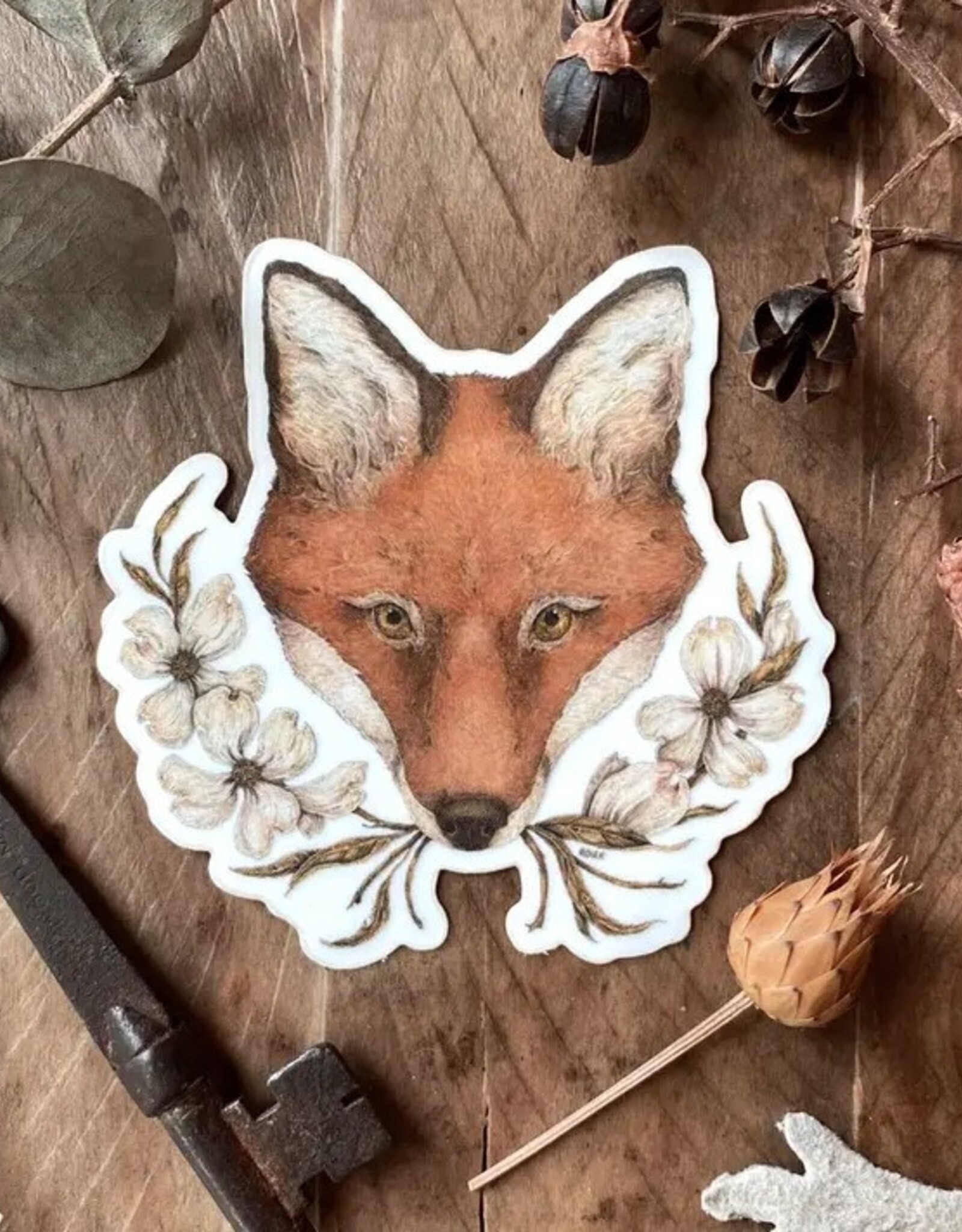 2.5" X 2.5" Fox and Dogwoods Semi-Transparent Sticker