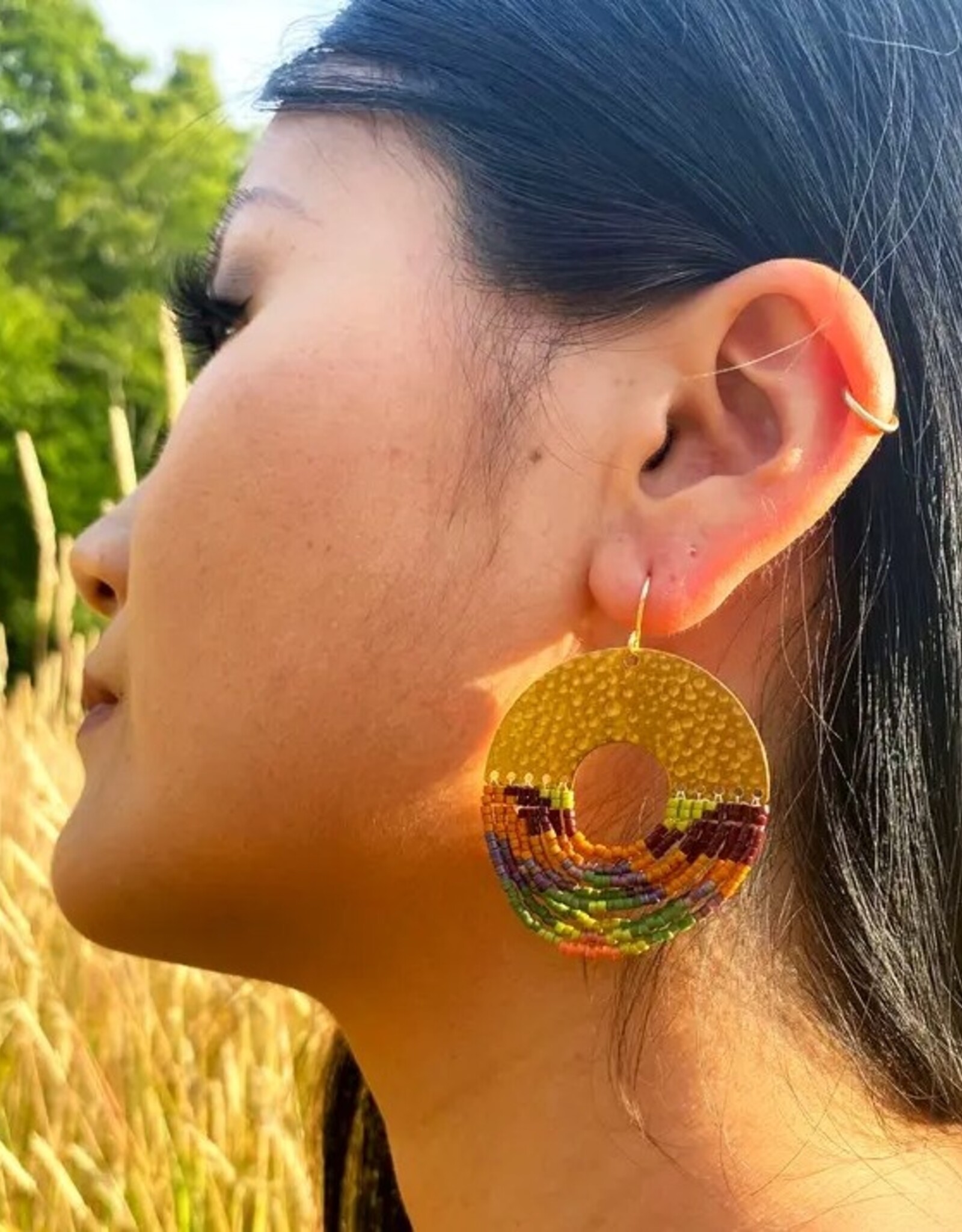 Beaded Handwoven Organic Circular Fringe Earrings |