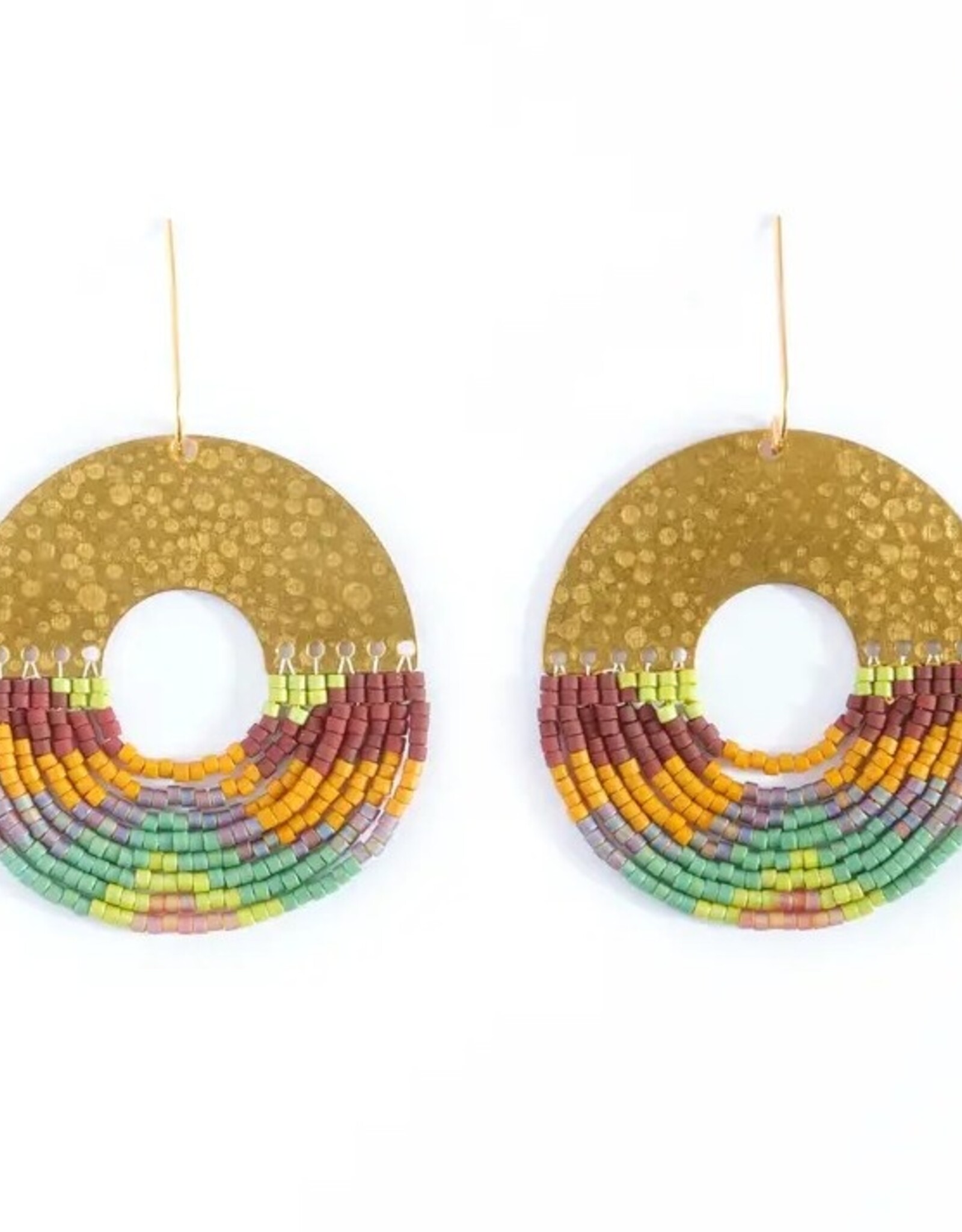 Beaded Handwoven Organic Circular Fringe Earrings |
