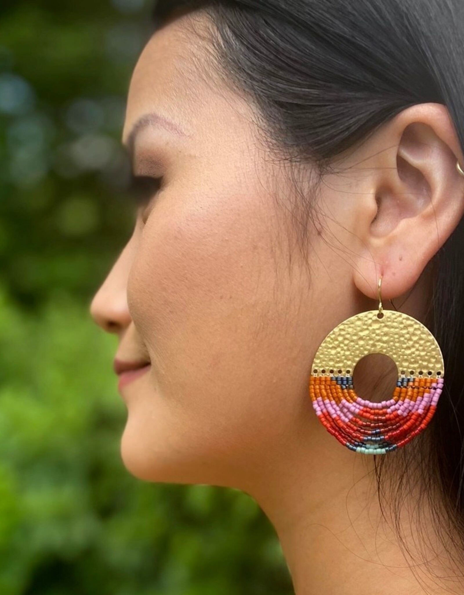 Beaded Handwoven Organic Circular Fringe Earrings |