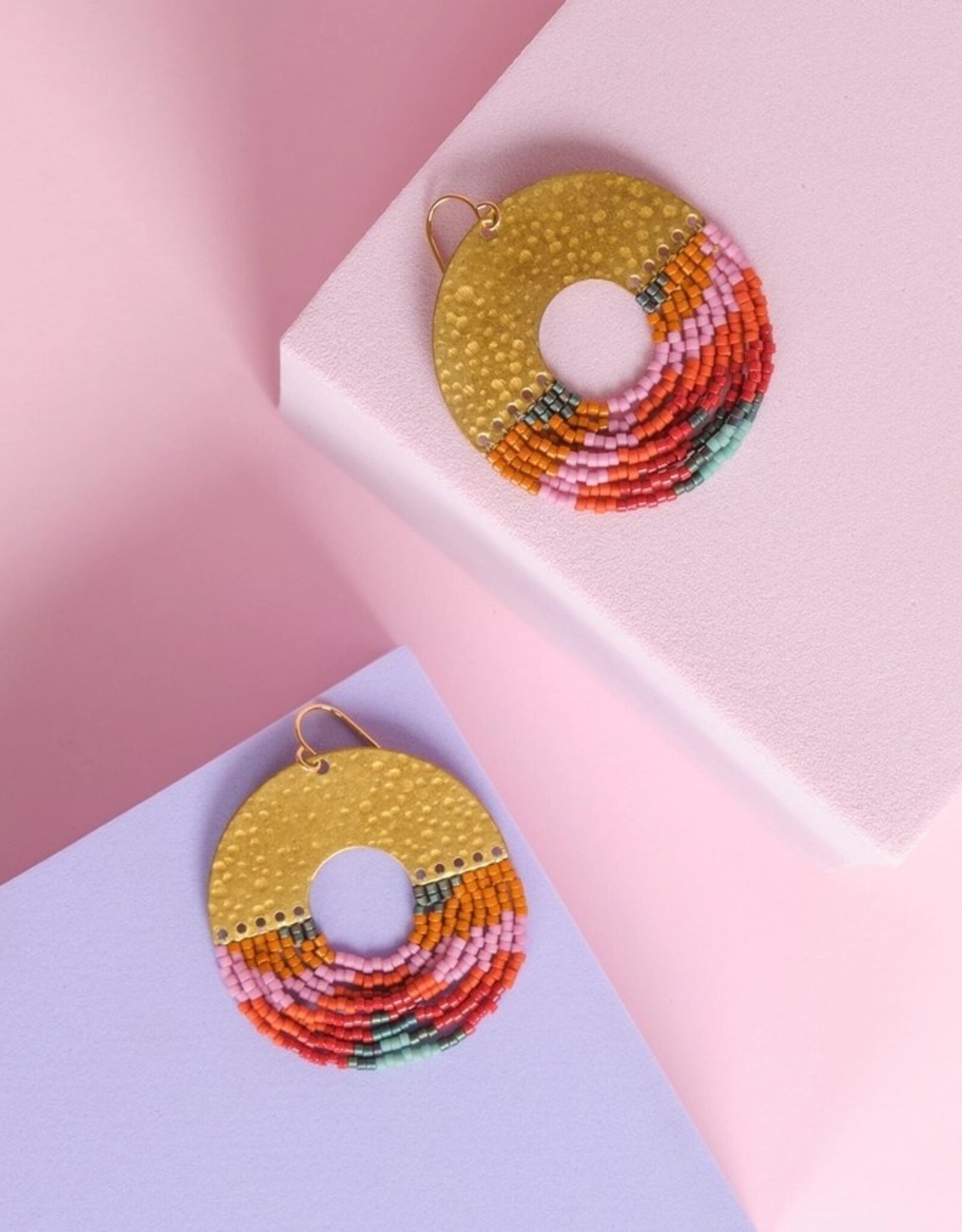 Beaded Handwoven Organic Circular Fringe Earrings |