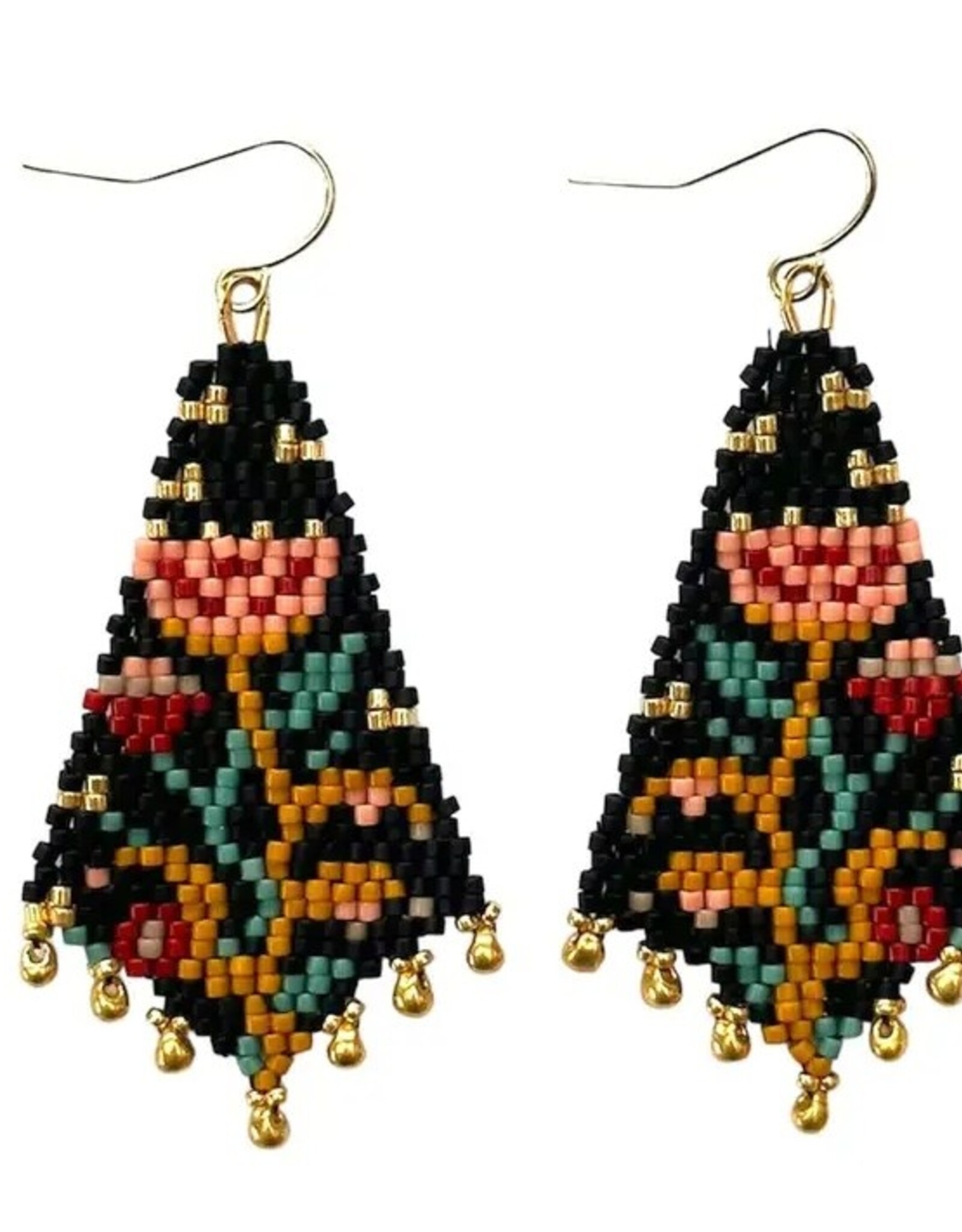Beaded Handwoven Night Bloom Drop Earrings (Midnight)
