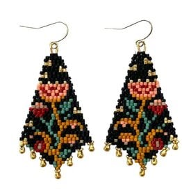 Beaded Handwoven Night Bloom Drop Earrings (Midnight)