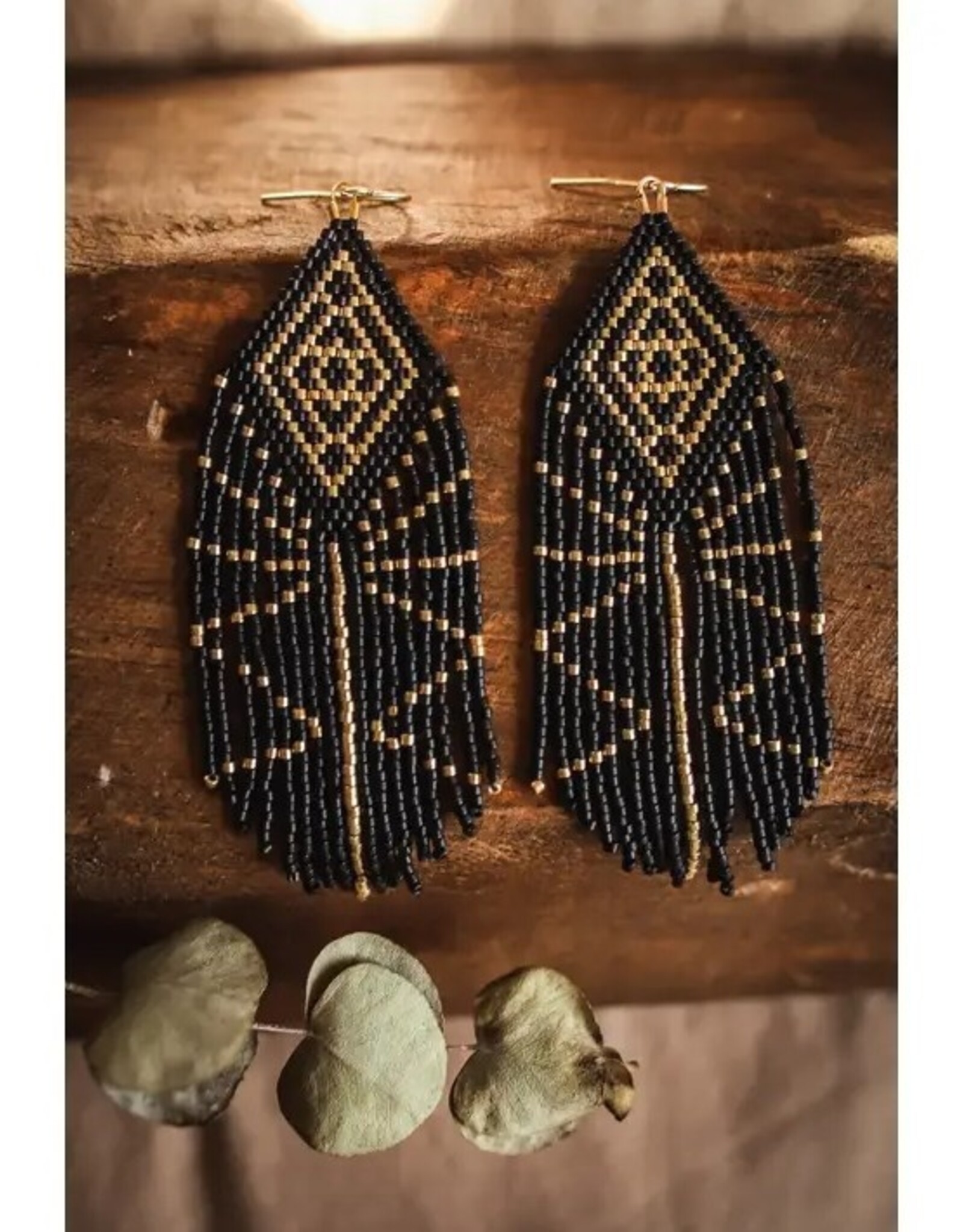 Beaded Handwoven Tribal Diamond Fringe Earrings (Black/Gold)