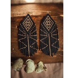 Beaded Handwoven Tribal Diamond Fringe Earrings (Black/Gold)