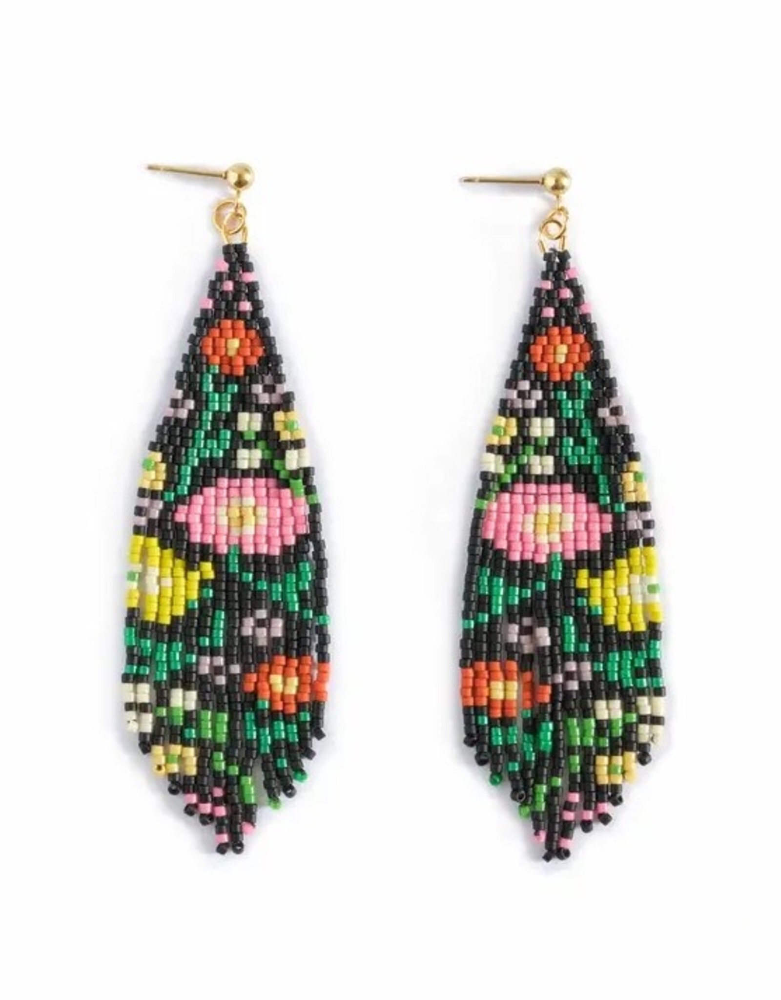 Beaded Handwoven Wildflower Fringe Earrings (Black)