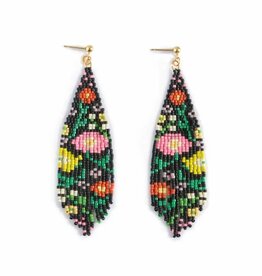 Beaded Handwoven Wildflower Fringe Earrings (Black)