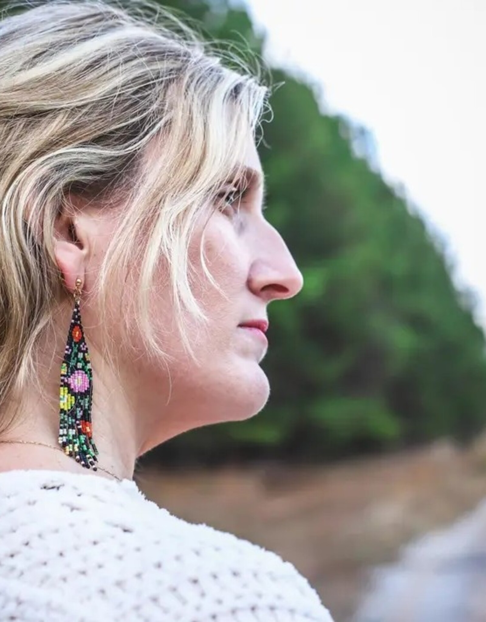 Beaded Handwoven Wildflower Fringe Earrings (Black)