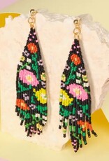 Beaded Handwoven Wildflower Fringe Earrings (Black)