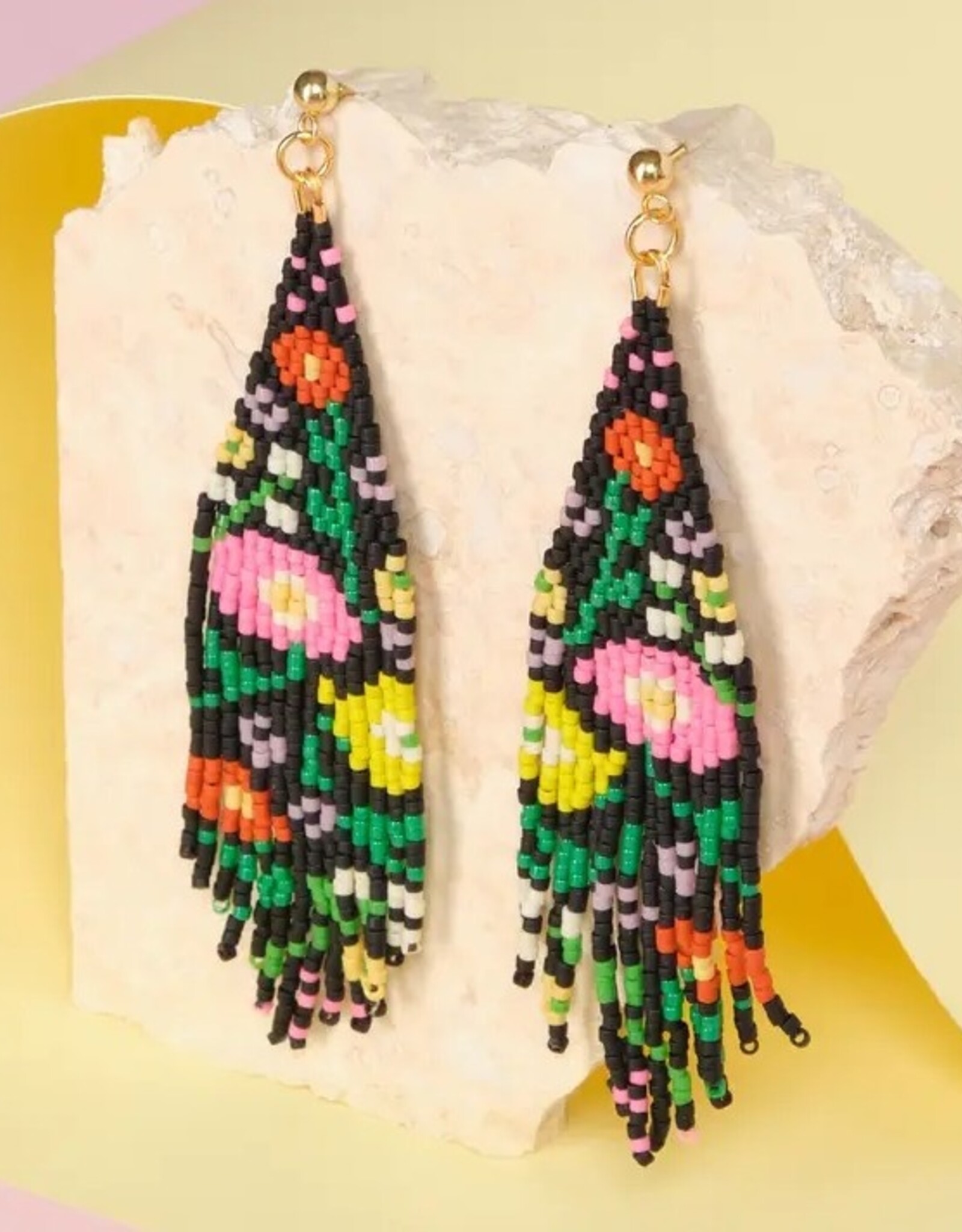 Beaded Handwoven Wildflower Fringe Earrings (Black)