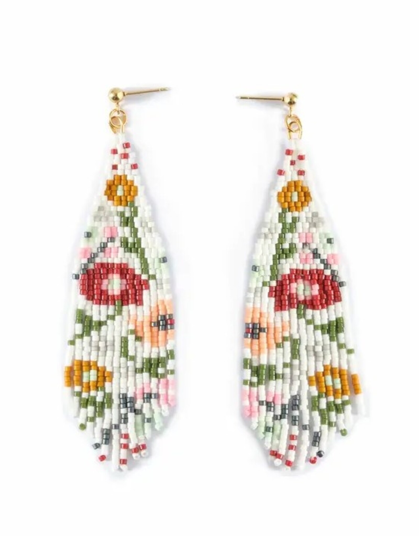 Beaded Handwoven Moonlit Moth Fringe Earrings (White)