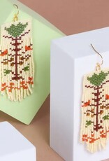Beaded Handwoven Vintage Flower Fringe Earrings (Cream/Green)