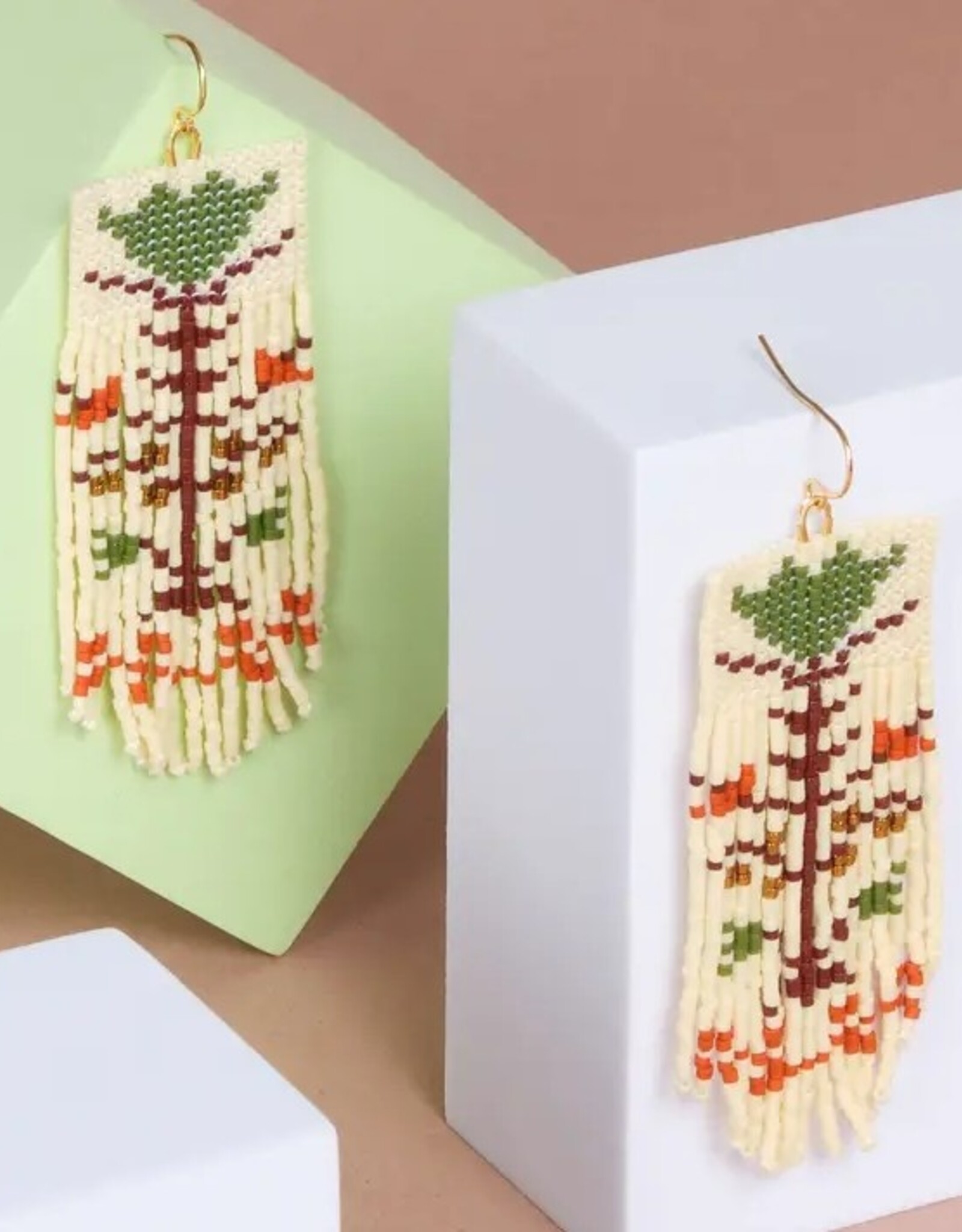 Beaded Handwoven Vintage Flower Fringe Earrings (Cream/Green)