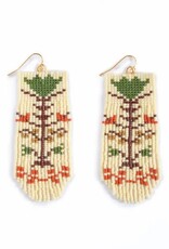 Beaded Handwoven Vintage Flower Fringe Earrings (Cream/Green)