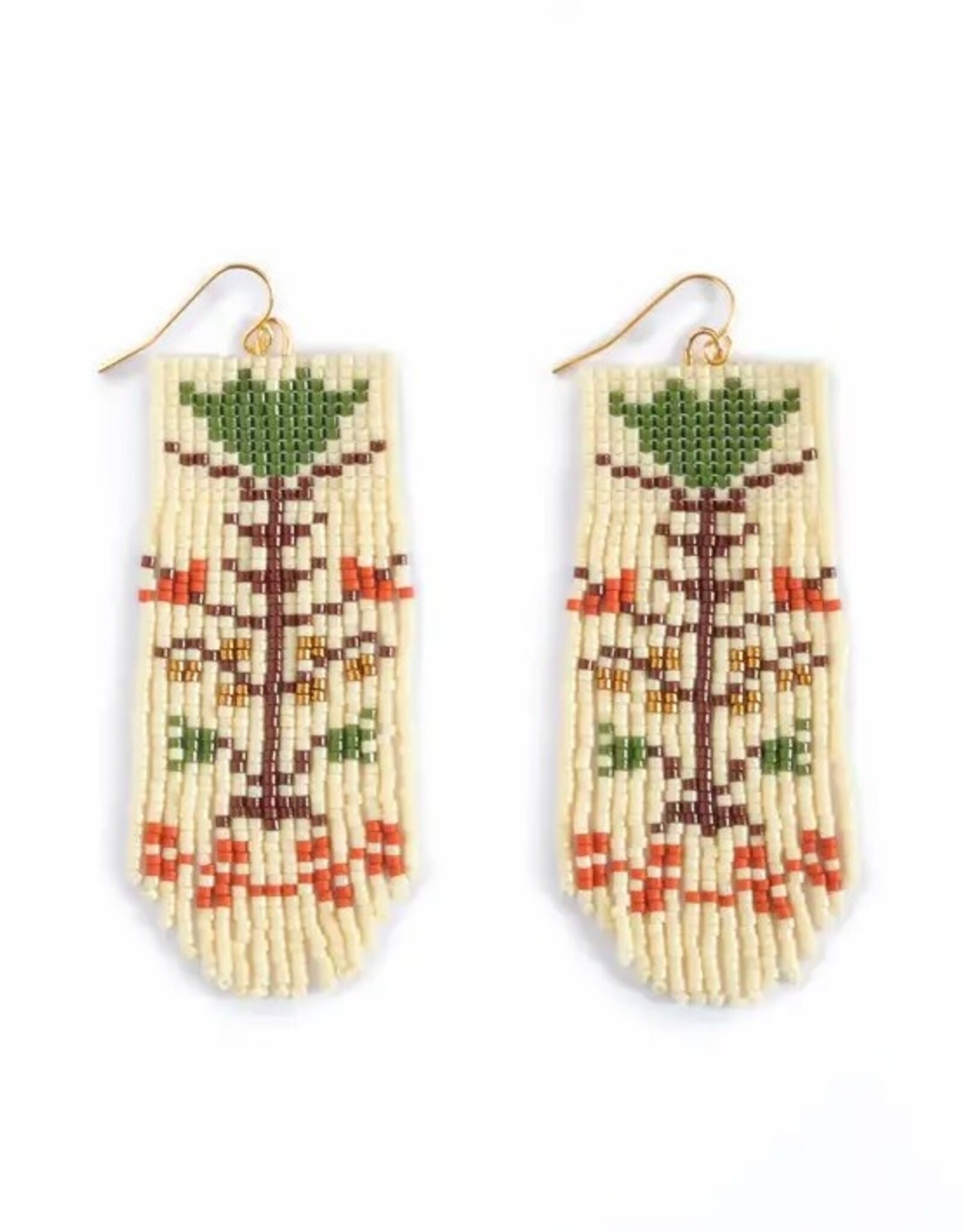 Beaded Handwoven Vintage Flower Fringe Earrings (Cream/Green)