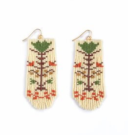 Beaded Handwoven Vintage Flower Fringe Earrings (Cream/Green)